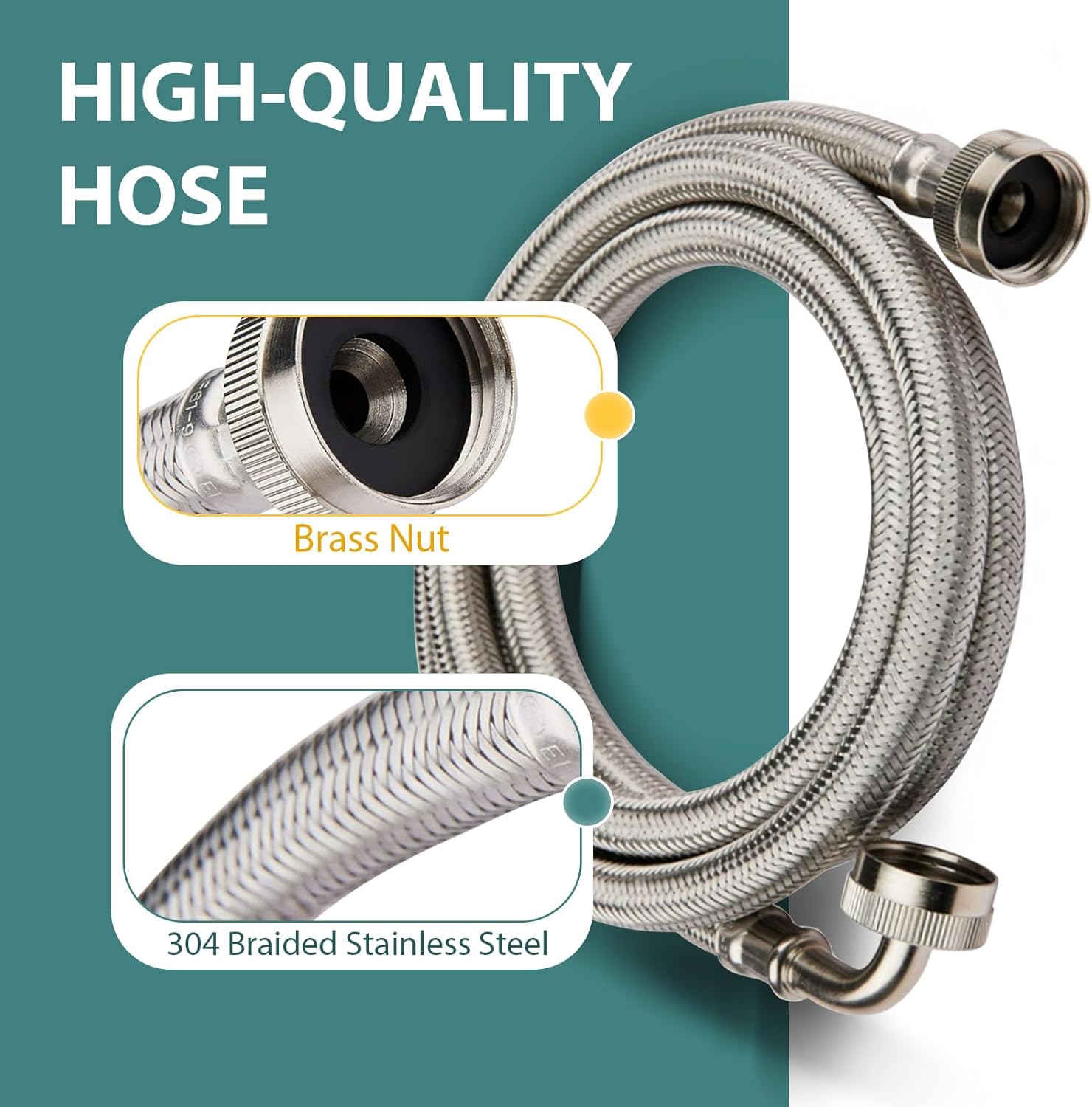 Washing Machine Hoses 4ft, 1 Pack Braided Stainless Steel Washer Hoses with 90 Degree Elbow, Hot and Cold Washer Supply Line, Universal Flexible Laundry Machine Hose for All Washing Machine