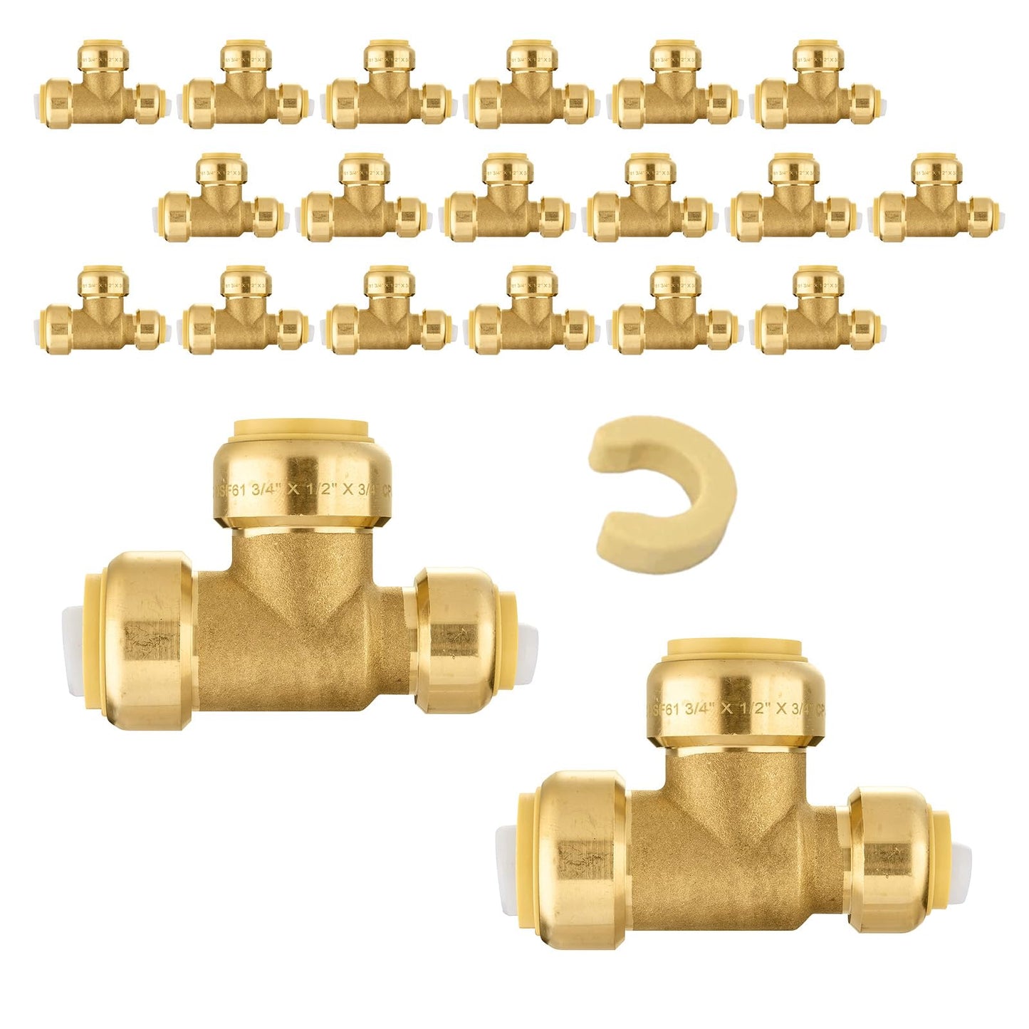 5-Pack Niikappu Pushfit Tee, 3/4"x3/4"x1/2" PEX Brass Push-fit Tee, Push to Connect Plumbing Fittings for PEX, Copper, CPVC, with Disconnect Clip(PF127-5)