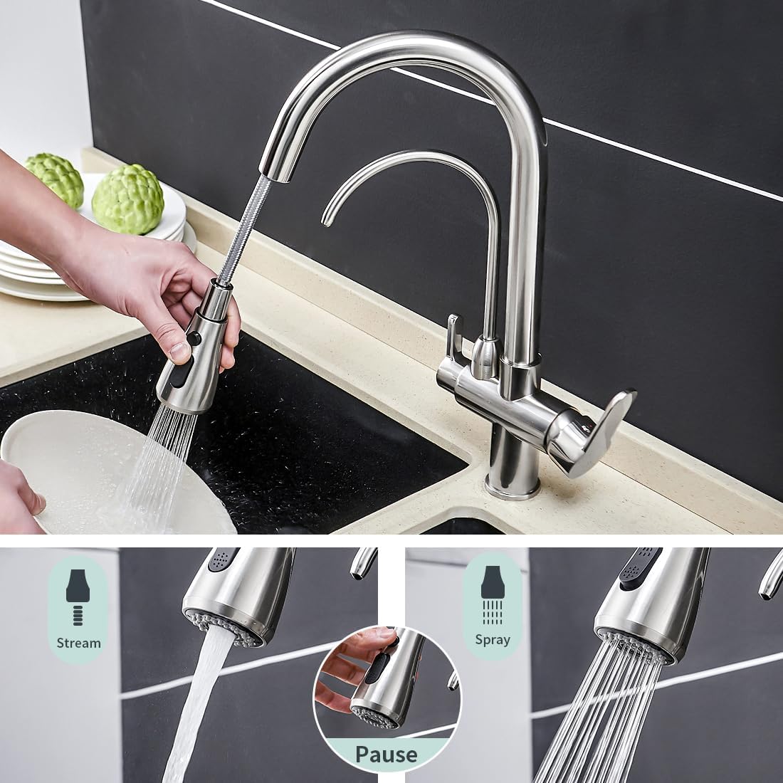 WANFAN Kitchen Sink Faucet with Pull Down Sprayer 2 Handle 3 in 1 Water Filter Purifier Faucets Brushed Nickel 0195SN