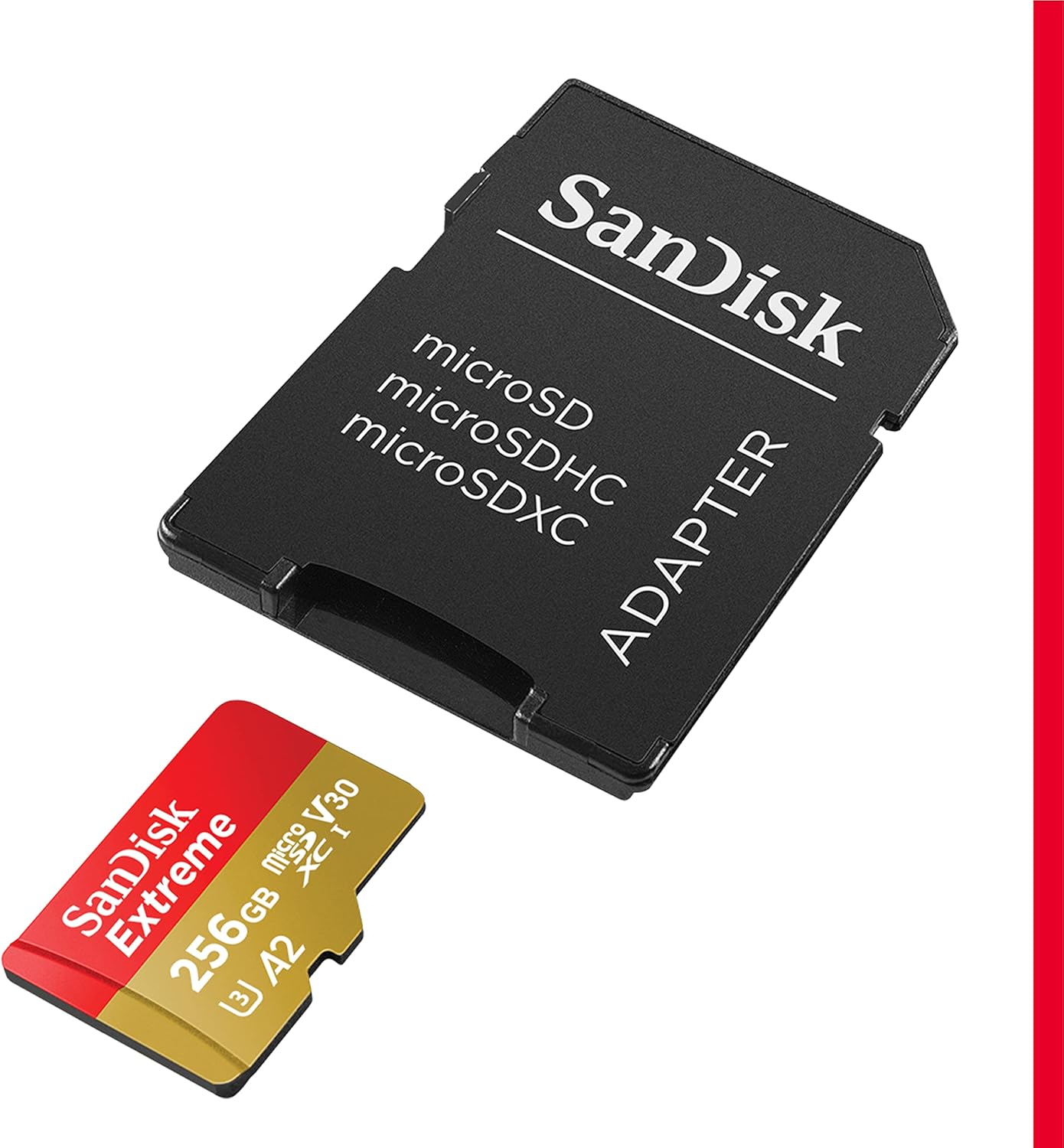SanDisk 256GB Extreme microSDXC UHS-I Memory Card with Adapter - Up to 190MB/s, C10, U3, V30, 4K, 5K, A2, Micro SD Card - SDSQXAV-256G-GN6MA
