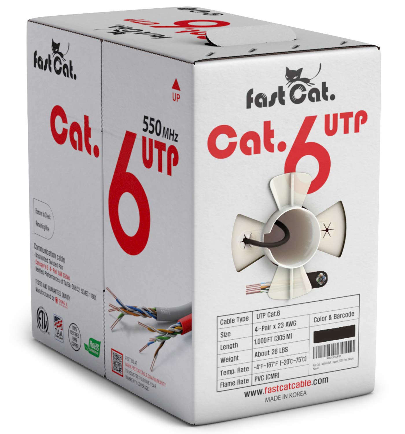 Fast Cat. Cat6 Ethernet Cable 1000ft - 23 AWG, CMR, Insulated Solid Bare Copper Wire Cat 6 Cable PoE++ (4PPoE), ETL Listed, 550MHZ / 10 Gigabit Speed UTP LAN Cat6 Cable 1000ft (White)