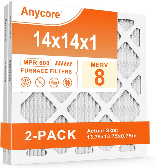 14x14x1 Air Filter (2-Pack) MERV 8 AC HVAC Furnace Pleated Filters for Home Office MPR 600 FPR 5 (Actual Size: 13.75x13.75x0.75 inch)