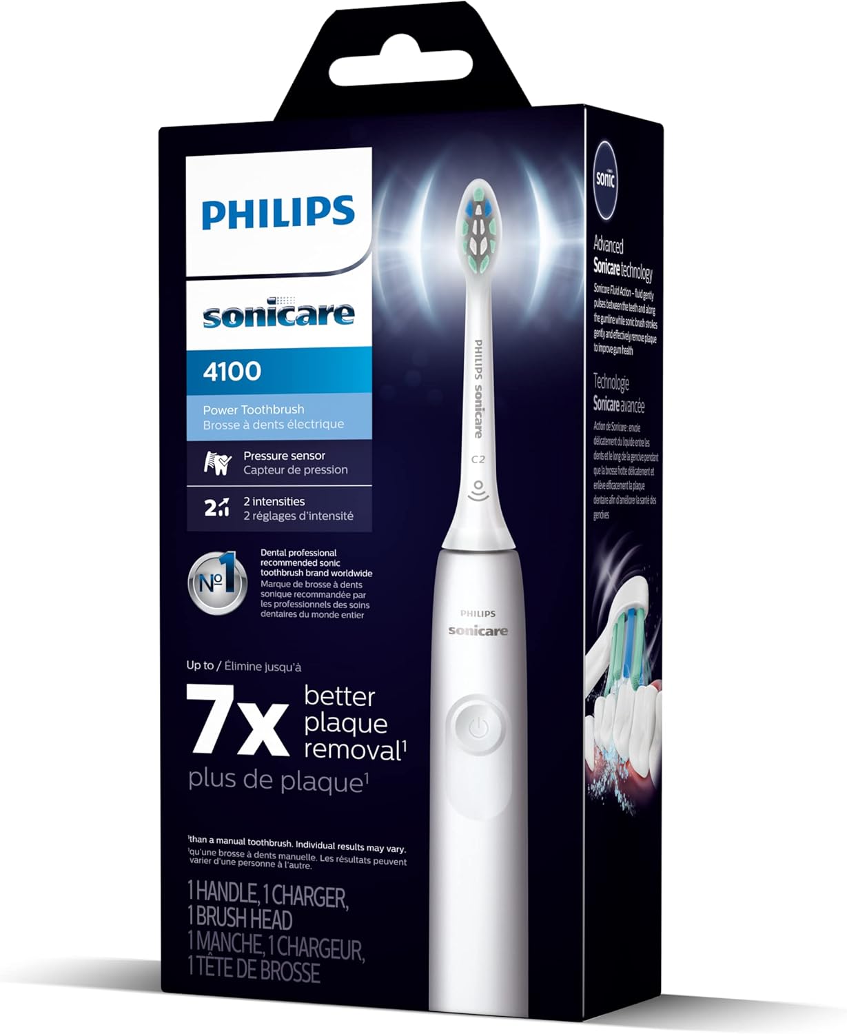 Philips Sonicare 4100 Rechargeable Electric Toothbrush, with Pressure Sensor, 2 Intensity Settings, SmarTimer and QuadPacer, 14-Day Battery Life, White, Model HX3681/23