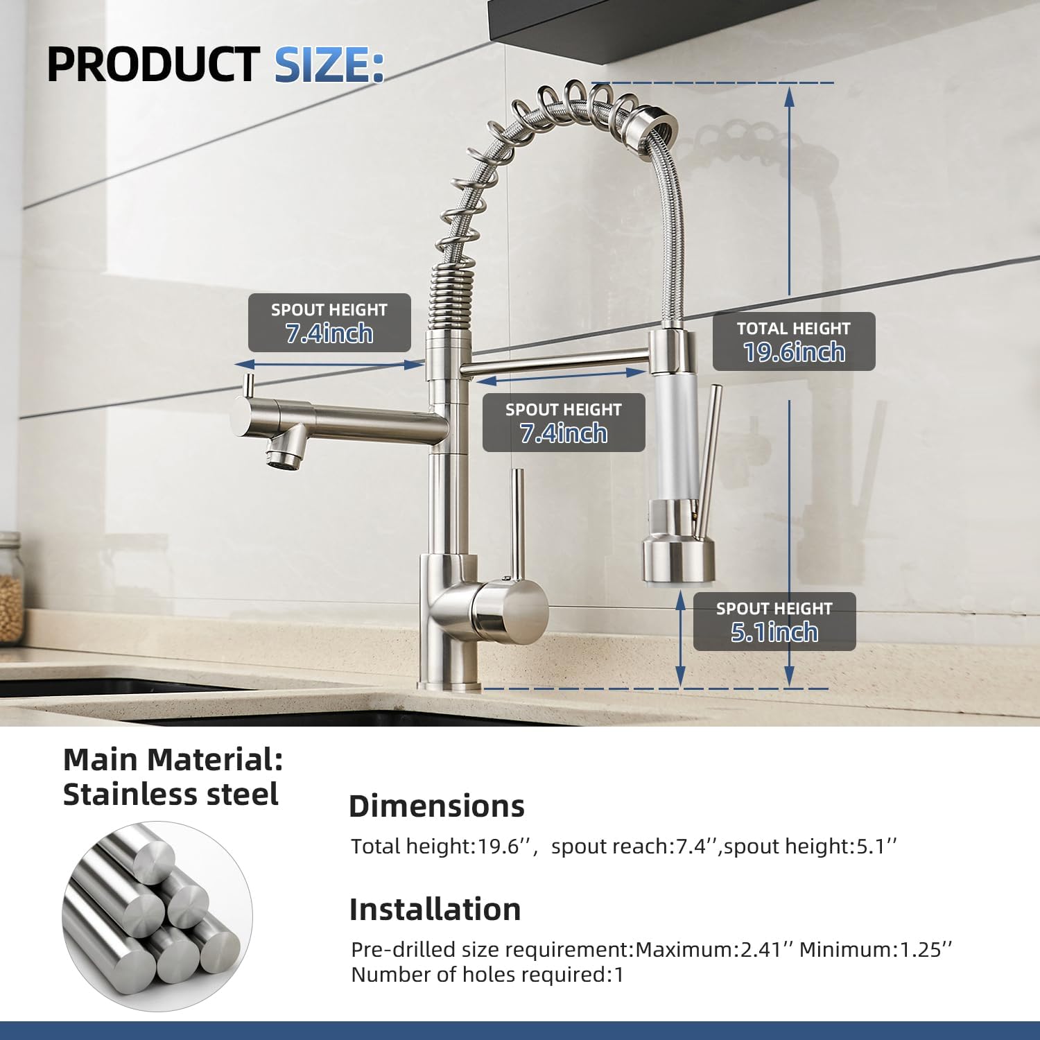 OWOFAN Kitchen Sink Faucet with Pull Down Sprayer, Contemporary Stainless Steel Single Handle Spring Kitchen Faucets Two Outlet with Deck Plate Brushed Nickel