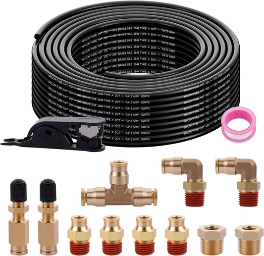 50FT 1/4 Air Hose Brass Fittings Kit 11pcs 1/4" OD Quick Push to Connect DOT Brass Fittings 1/4 SAE J844 PA12 Nylon Air Line Tubing with Cutter for Air Suspension Kit Truck Trailer Brake System