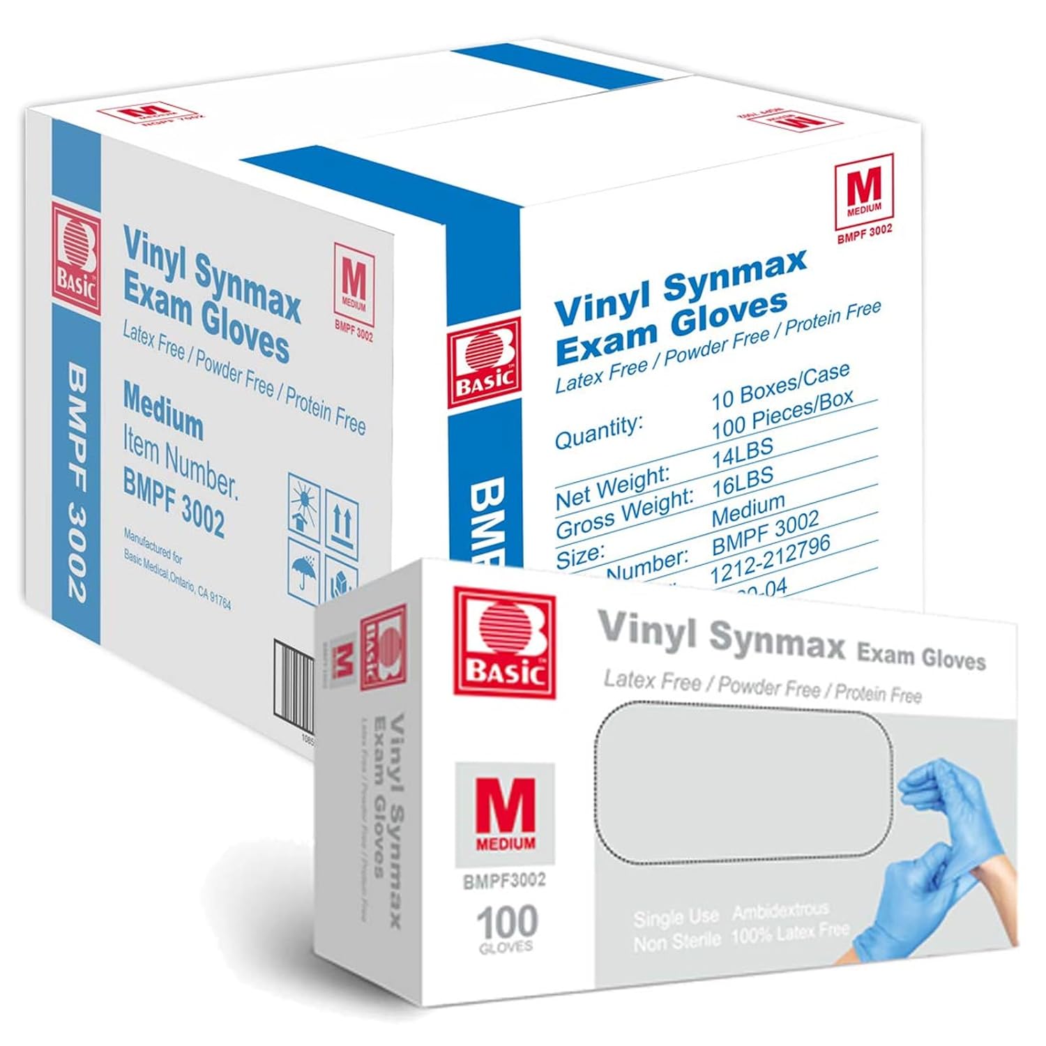 Intco Basic Medical Synmax Vinyl Exam Gloves - Latex-Free & Powder-Free - Medium, BMPF-3002(Pallet of 48,000)