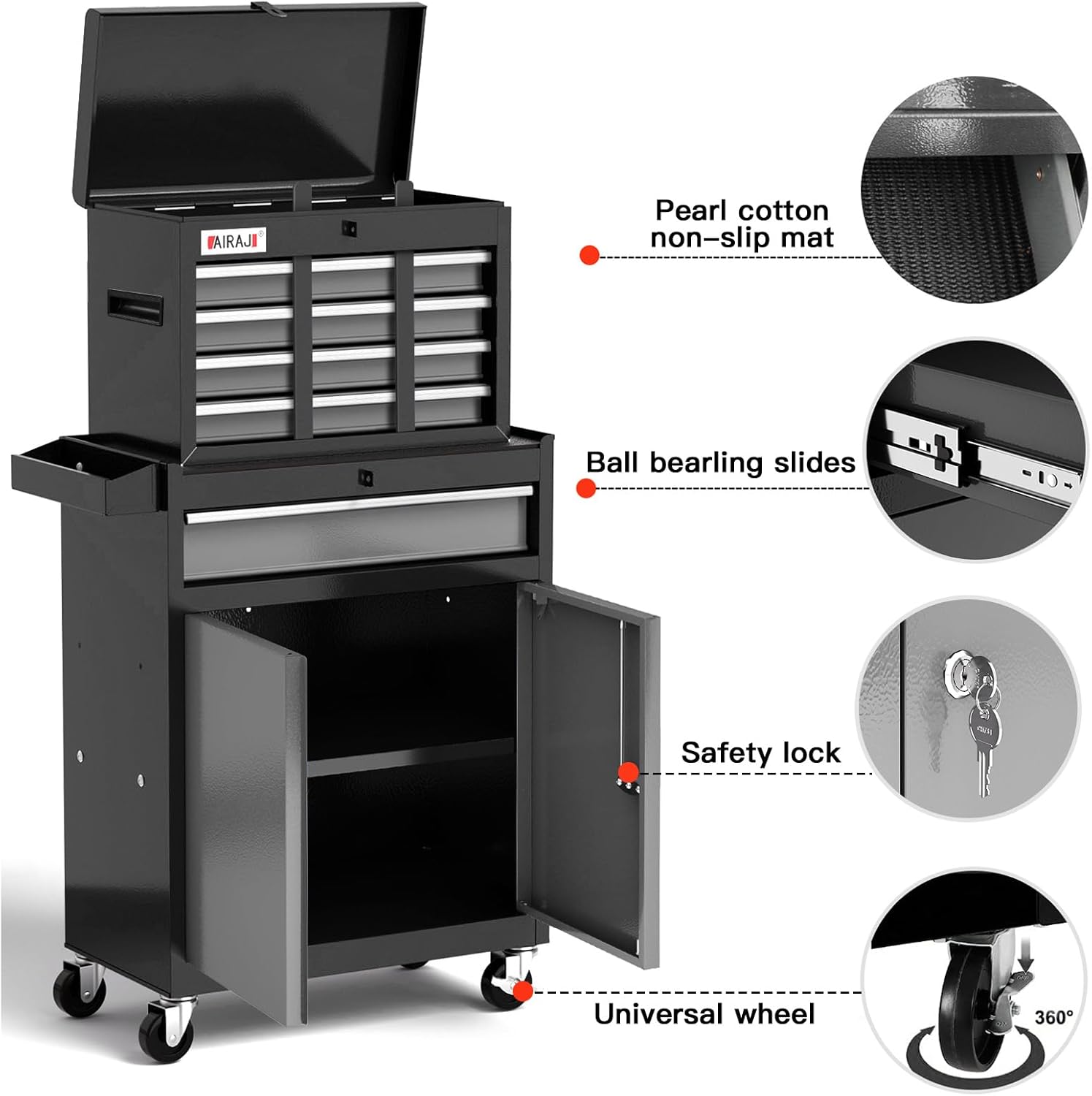 Tool Chest 7-Drawer | 40'' H Rolling Tool Chest with Wheels | Detachable Top Metal Tool Box | Garage Storage Cabinet for Repair Room,Warehouse | Rolling Tool Box with Hooks,Liners,Tray Divider | Black