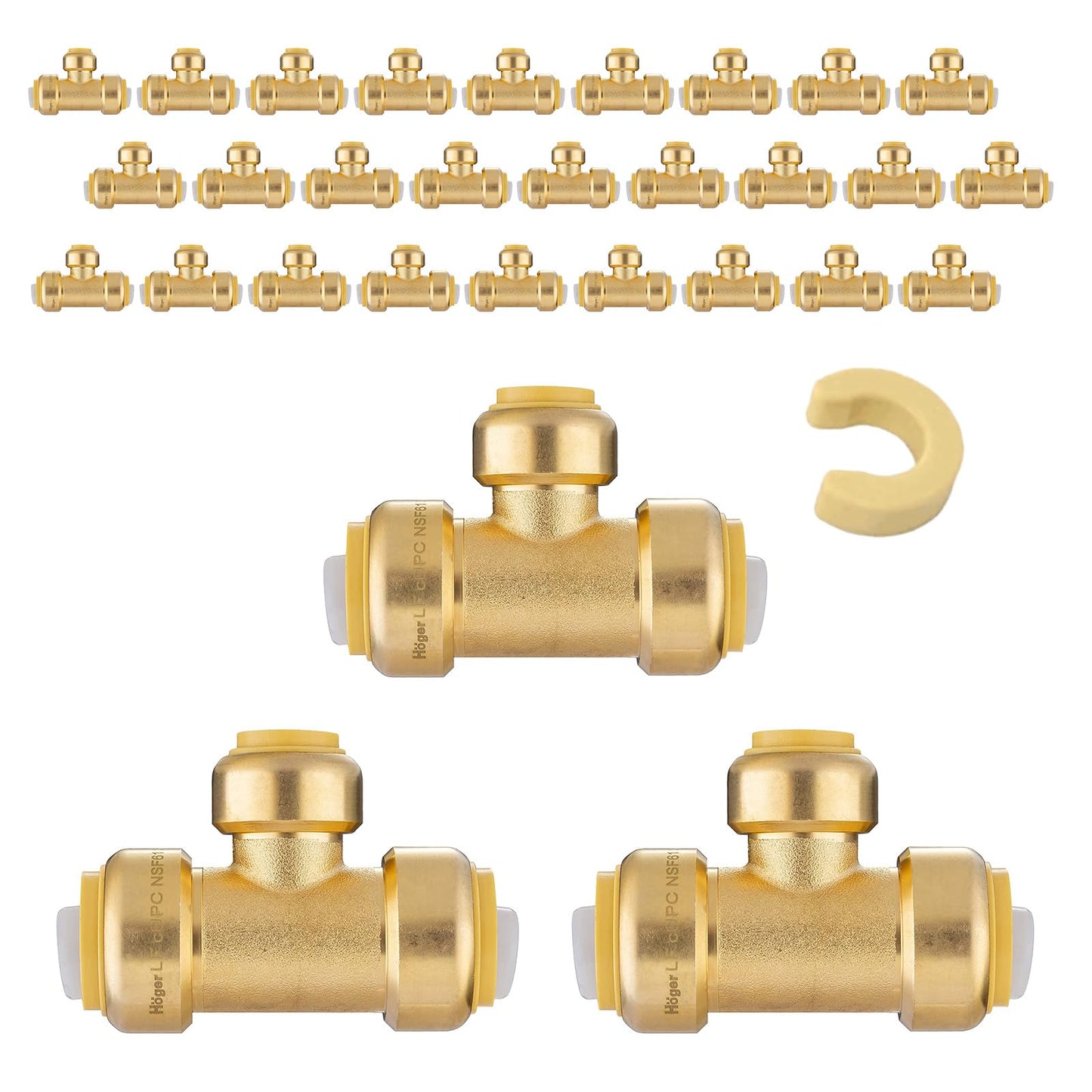 5-Pack Niikappu Pushfit Tee, 3/4"x3/4"x1/2" PEX Brass Push-fit Tee, Push to Connect Plumbing Fittings for PEX, Copper, CPVC, with Disconnect Clip(PF127-5)
