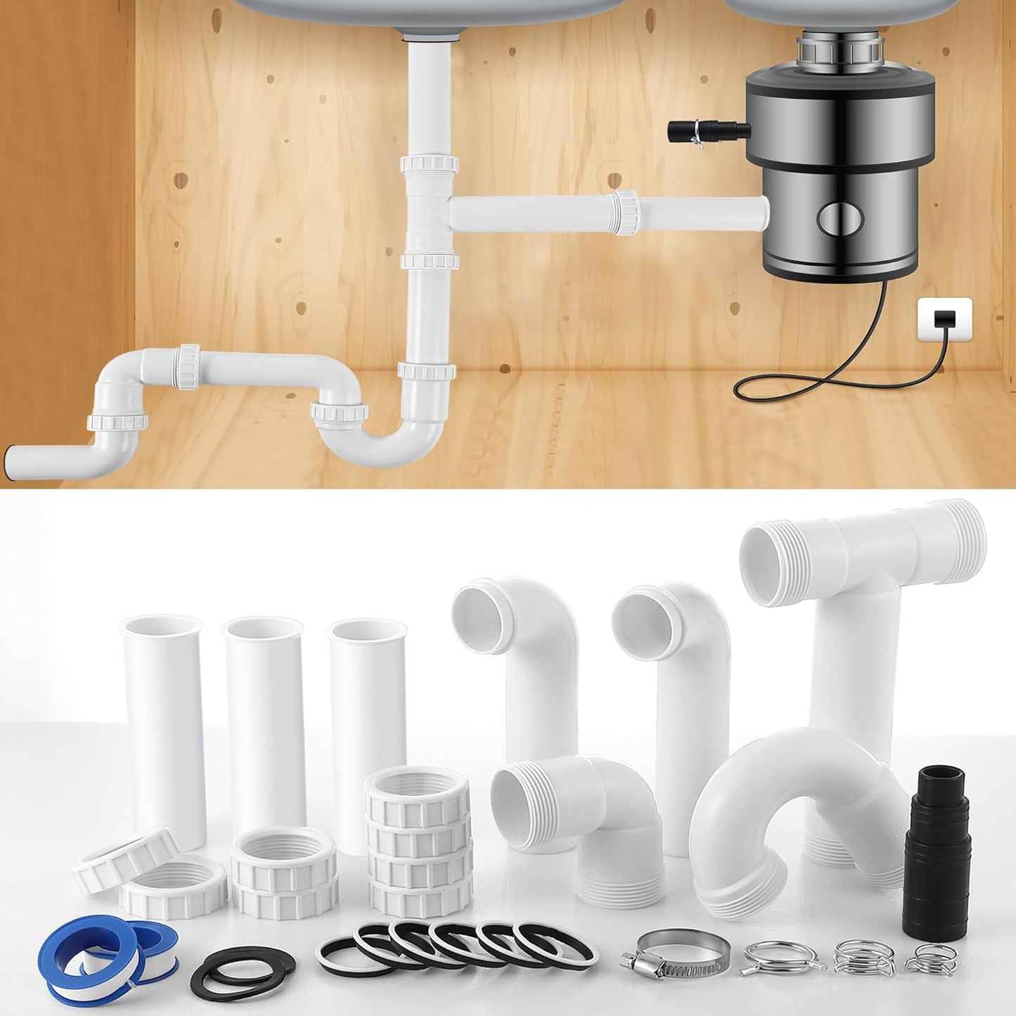 Saillong 27 Pcs Garbage Disposal Installation Kit Complete Kitchen Sink Drain Pipe Kit for Double Bowl Sink, 1-1/2" Plumbing, Simple Install, Leak Proof