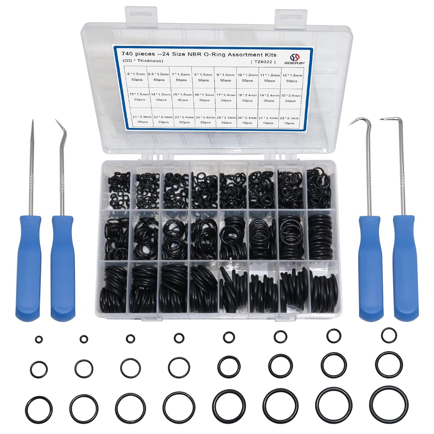740pc Universal O Rings Assortment in 24 Sizes with 4pc Tools | Rubber O Rings Kit for Faucet Plumbing Automotive Repair | Nitrile Rubber Oring Kit