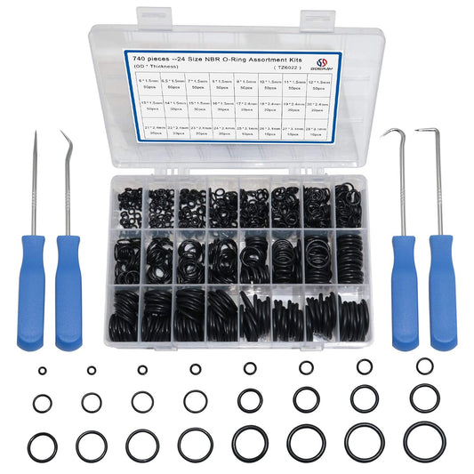 740pc Universal O Rings Assortment in 24 Sizes with 4pc Tools | Rubber O Rings Kit for Faucet Plumbing Automotive Repair | Nitrile Rubber Oring Kit