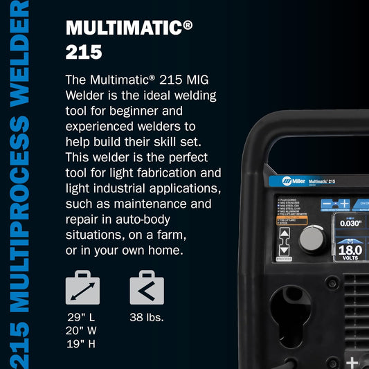 Miller 907693 Multimatic 215 Multiprocess Welder - Versatile Multi-Process MIG, Flux-Cored & TIG Welder Machine - Portable Welding Machine with Wire Feeder, MIG Gun & Multi-Voltage Plug for 120V&240V