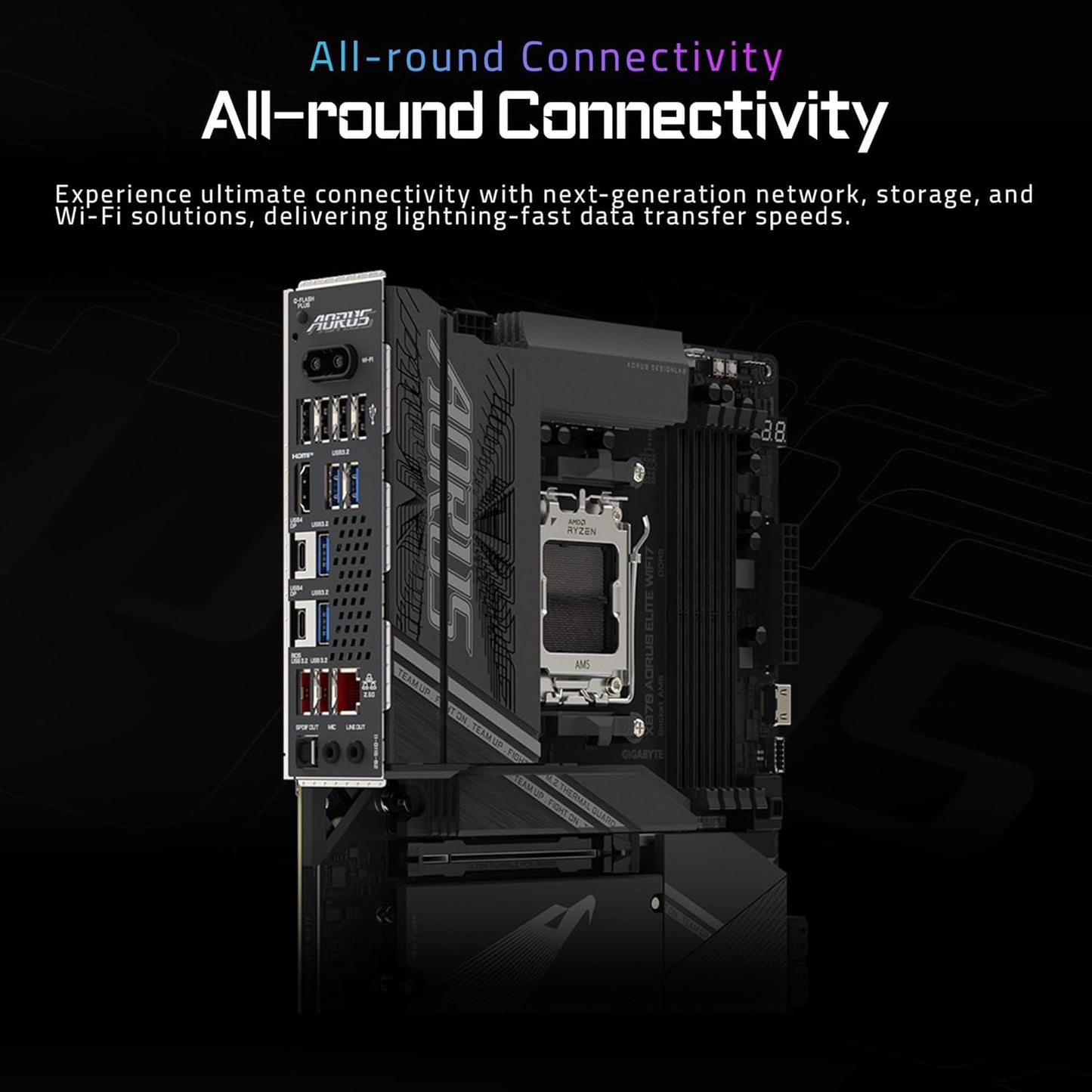 GIGABYTE X870 AORUS Elite WIFI7 AMD AM5 LGA 1718 Motherboard, ATX, DDR5, 4X M.2, PCIe 5.0, USB4, WIFI7, 2.5GbE LAN, EZ-Latch, 5-Year Warranty