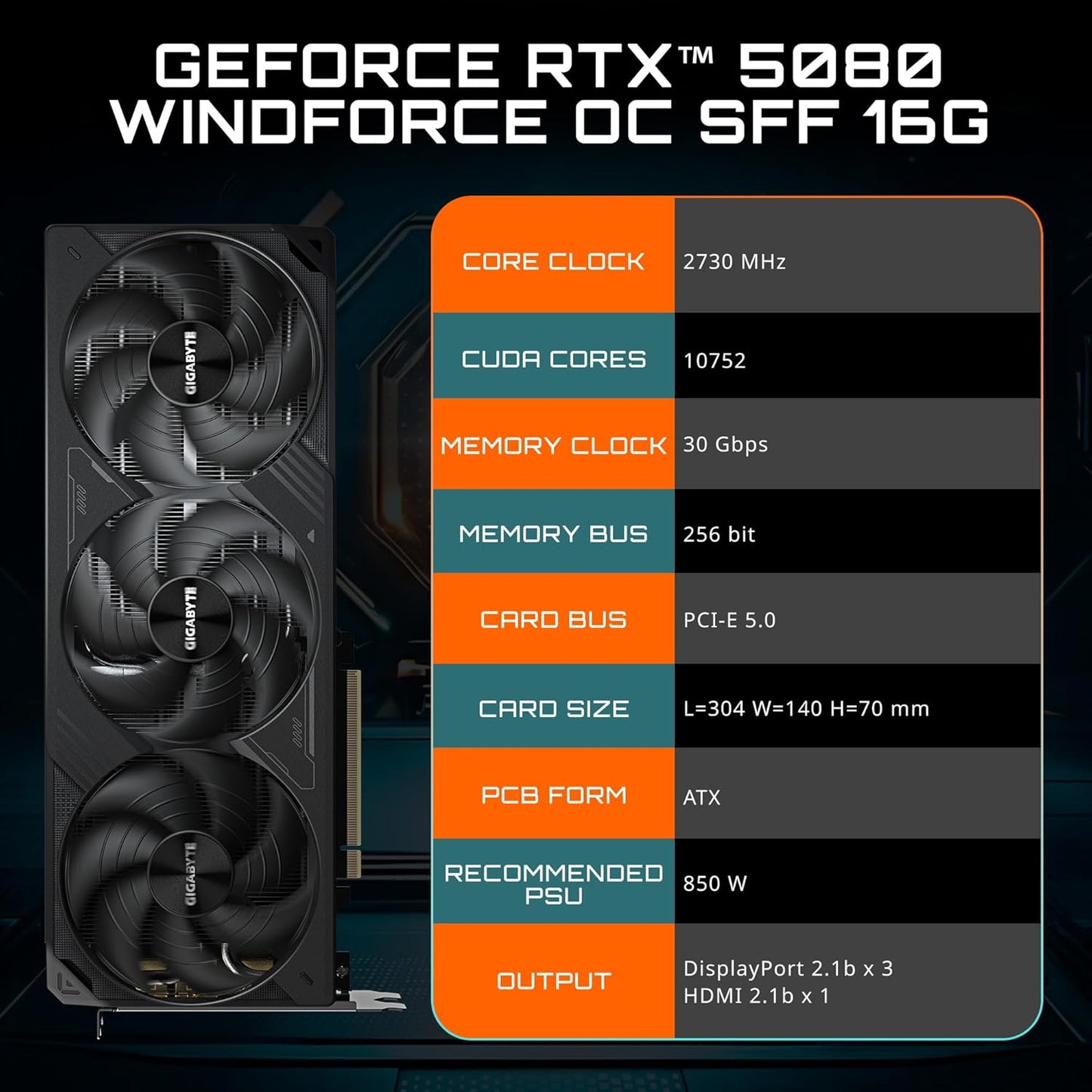 GIGABYTE GeForce RTX 5080 WINDFORCE OC SFF 16G Graphics Card, WINDFORCE Cooling System, 16GB 256-bit GDDR7, GV-N5080WF3OC-16GD Video Card