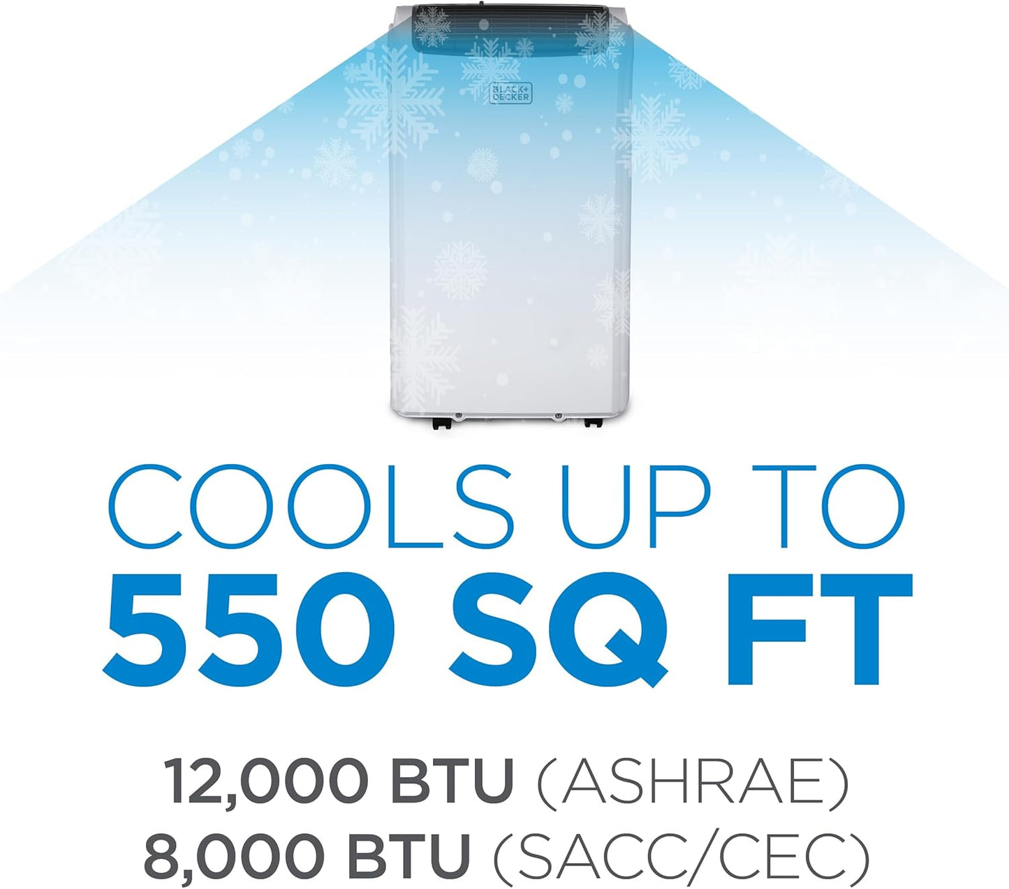 BLACK+DECKER Smart Portable Air Conditioner with Heat, 12,000 BTU (8,000 BTU SACC) Cooling, 9,000 BTU Heating for Rooms up to 550 Sq. Ft., Follow Me Remote, BPACT12HWT, White