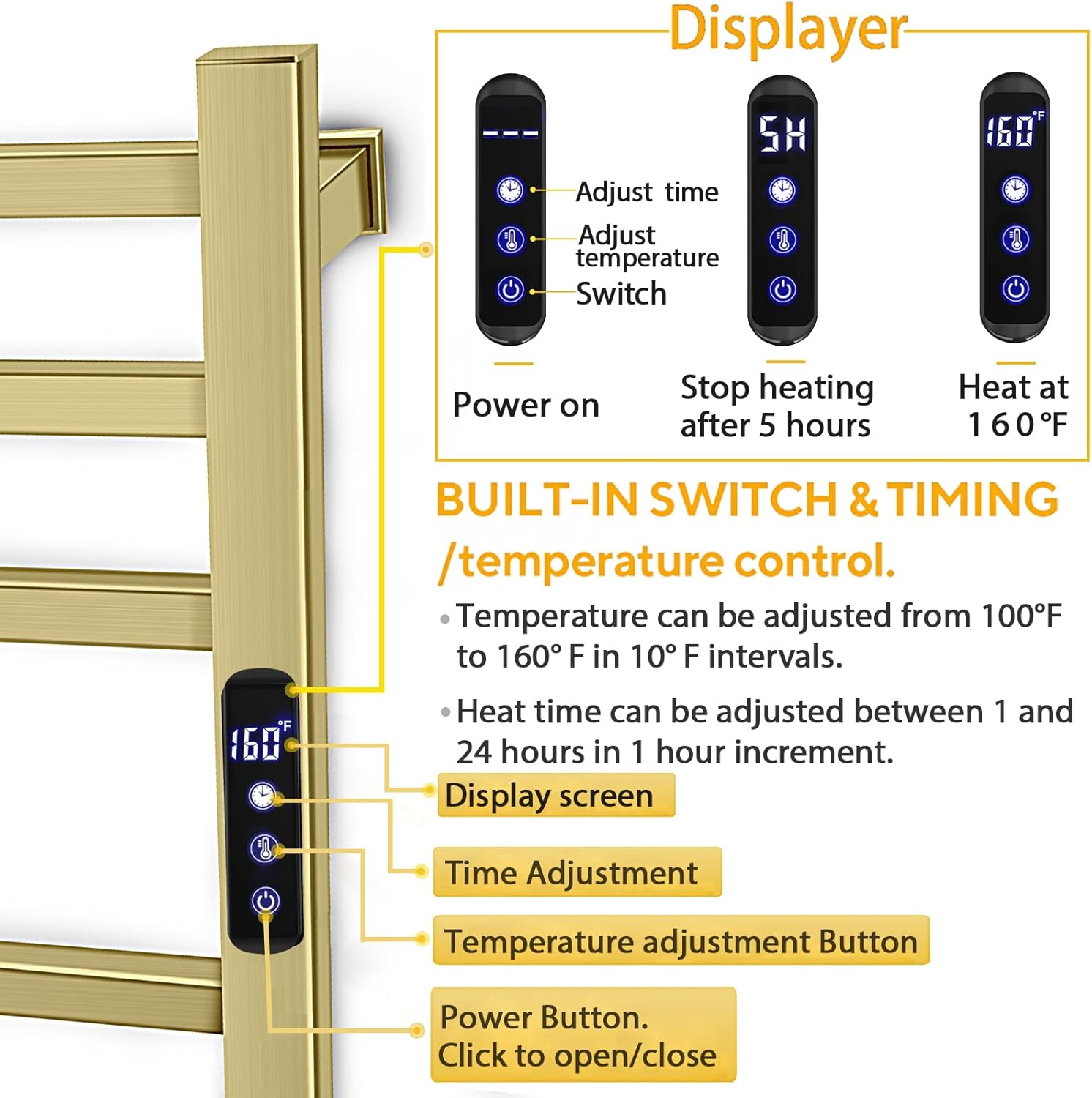 Towel Warmer Rack for Bathroom with Timer/Fahrenheit Temperature Control Wall Mounted Electric Heated 10 Bar Rail Plug-in or Hardwired Keep Bath Shower Towel Warming (Brushed Gold)