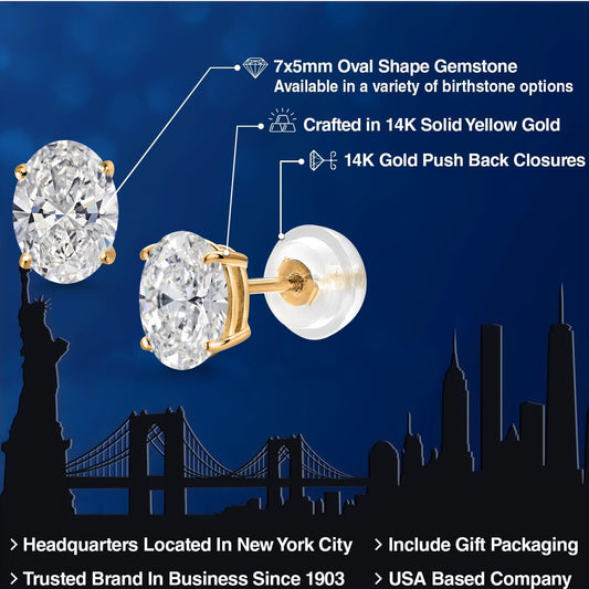 Gem Stone King 14K Yellow Gold Gemstone Birthstone Stud Earrings for Women and Men | Oval 7X5MM | Fine Gold Jewelry for Her or Him