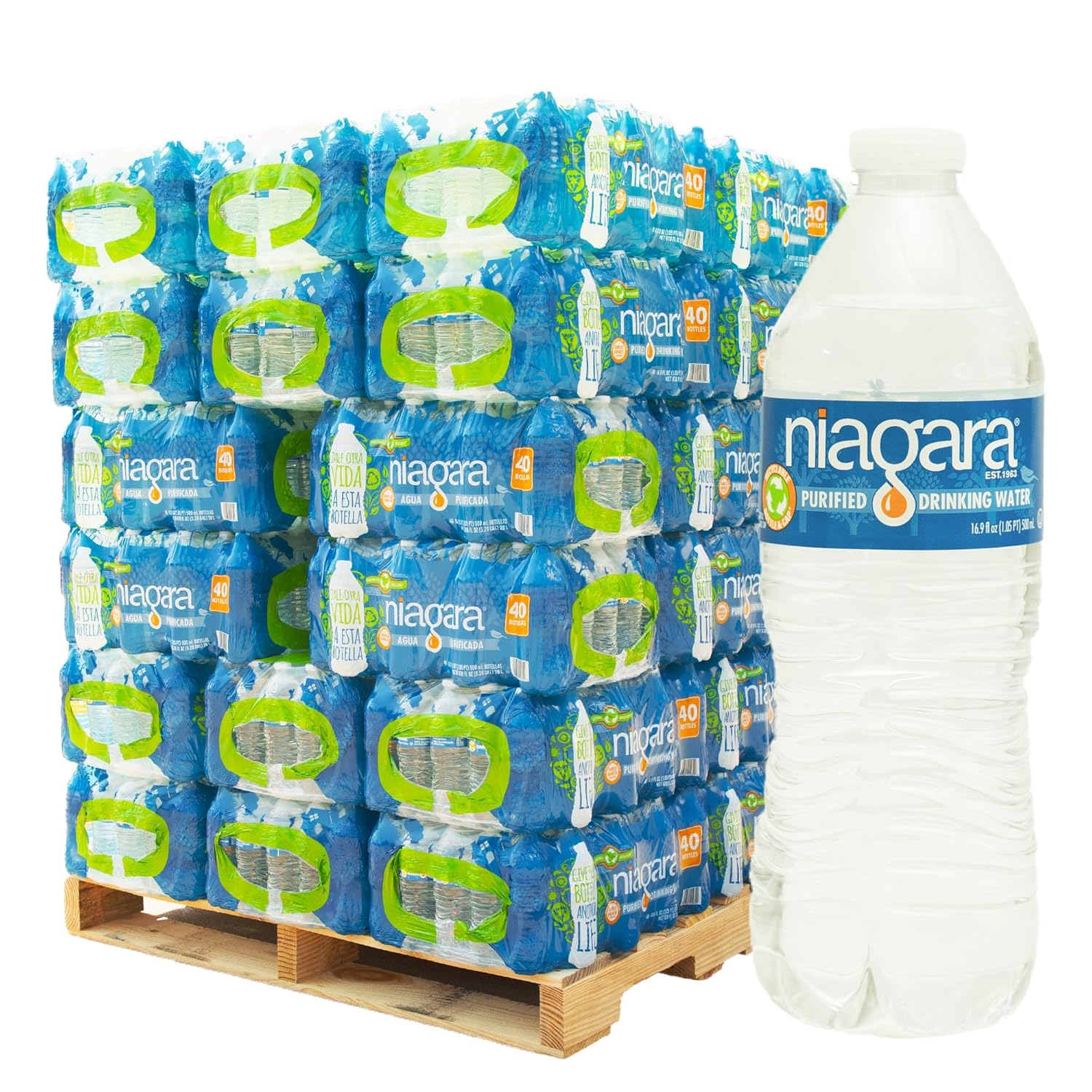 Niagara Purified Drinking Water - 16.9oz Bottles, 40 bottles per case 48 cases per pallet - Full Pallet - 1920 Bottles delivered by Waterpallets