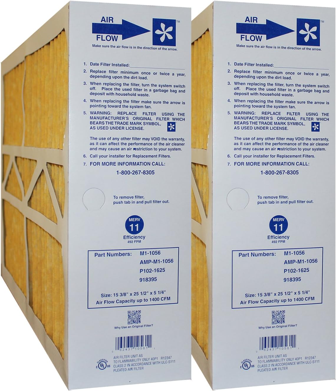 Genuine M1-1056 Size 16" x 25" x 5" (Actual Size: 15 3/8" x 25 1/2" x 5 1/4") MERV 11 PACK OF 2 FILTERS…