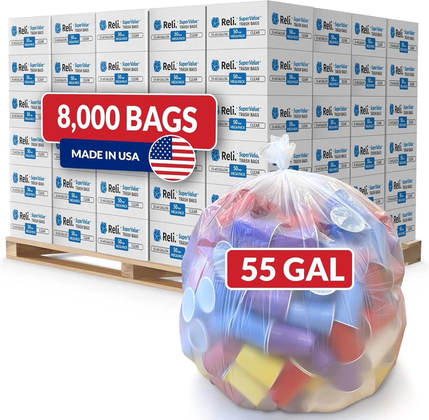 Reli. 55-60 Gallon Trash Bags | Heavy Duty | 8,000 Total | 50 Bags/Case, 160 Cases/Pallet | Made in USA | Clear