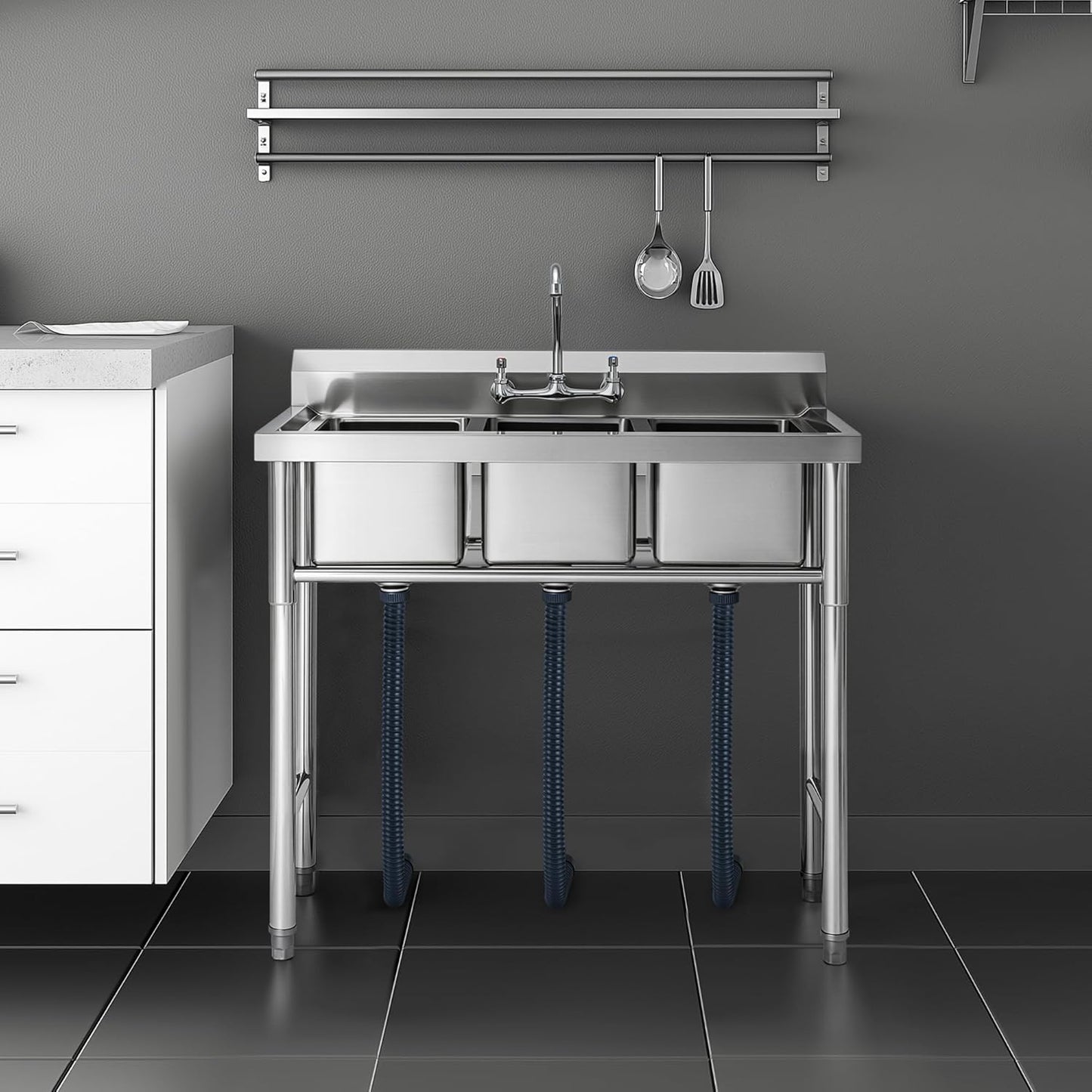 WILPREP Stainless Steel 3 Compartment Commercial Sink with s, Kitche Station with 11x10 Inch Basins, Utility Sink for Restaurant Bar Home Laundry Room Garage