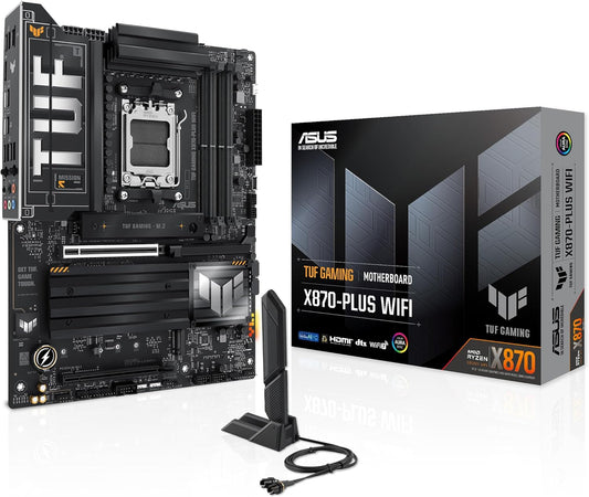 ASUS TUF Gaming X870-PLUS WiFi AMD AM5 X870 ATX Motherboard, 16+2+1, 80A SPS Power Stages, DDR5, PCIe 5.0 Ready, Four M.2 Slots, Wi-Fi 7, 2.5Gb LAN, HDMI, USB4® 40Gbps, SATA 6 Gbps, USB 20Gbps Type-C