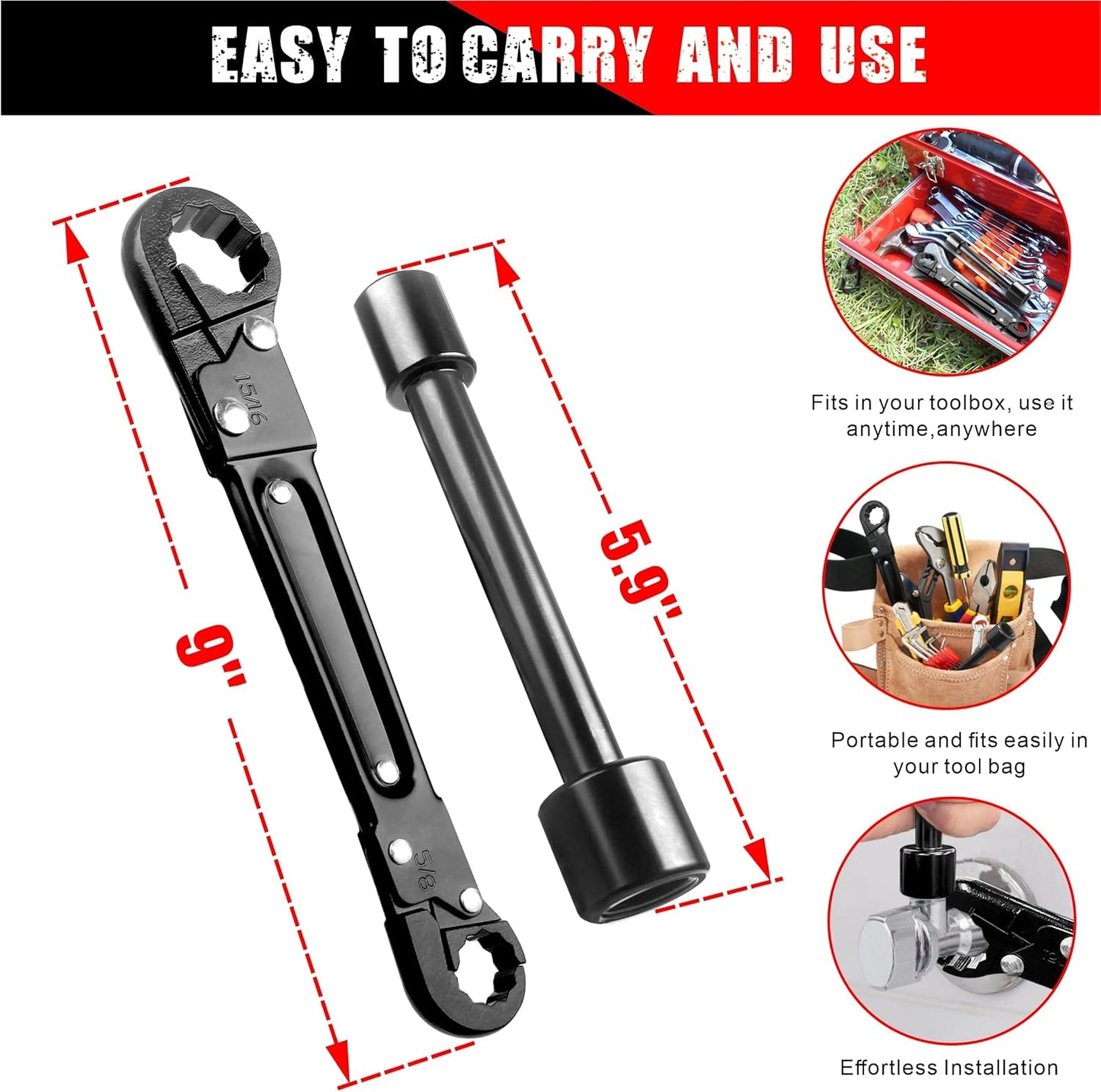 Plumbing Tools, Angle Stop Wrench Kit, Plumbing Wrench. New Compression Angle Stop and Removing the Compression Ring Professional Plumbing Toolset For Easy Angle Stop And Supply Nut Installation
