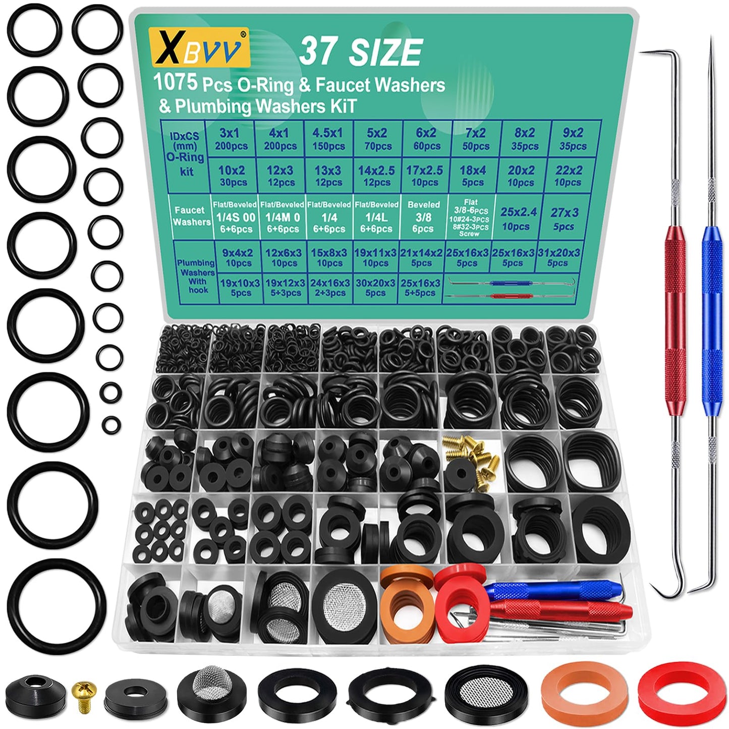 37 Size 1075 Pcs Faucet Washers & O-Rings Kit & Plumbing Gasket 3-in-1 Home Universal Rubber Washers Assortment Kit for Faucet Hose Spigot Plumbing Seal Repair with Pick Hook
