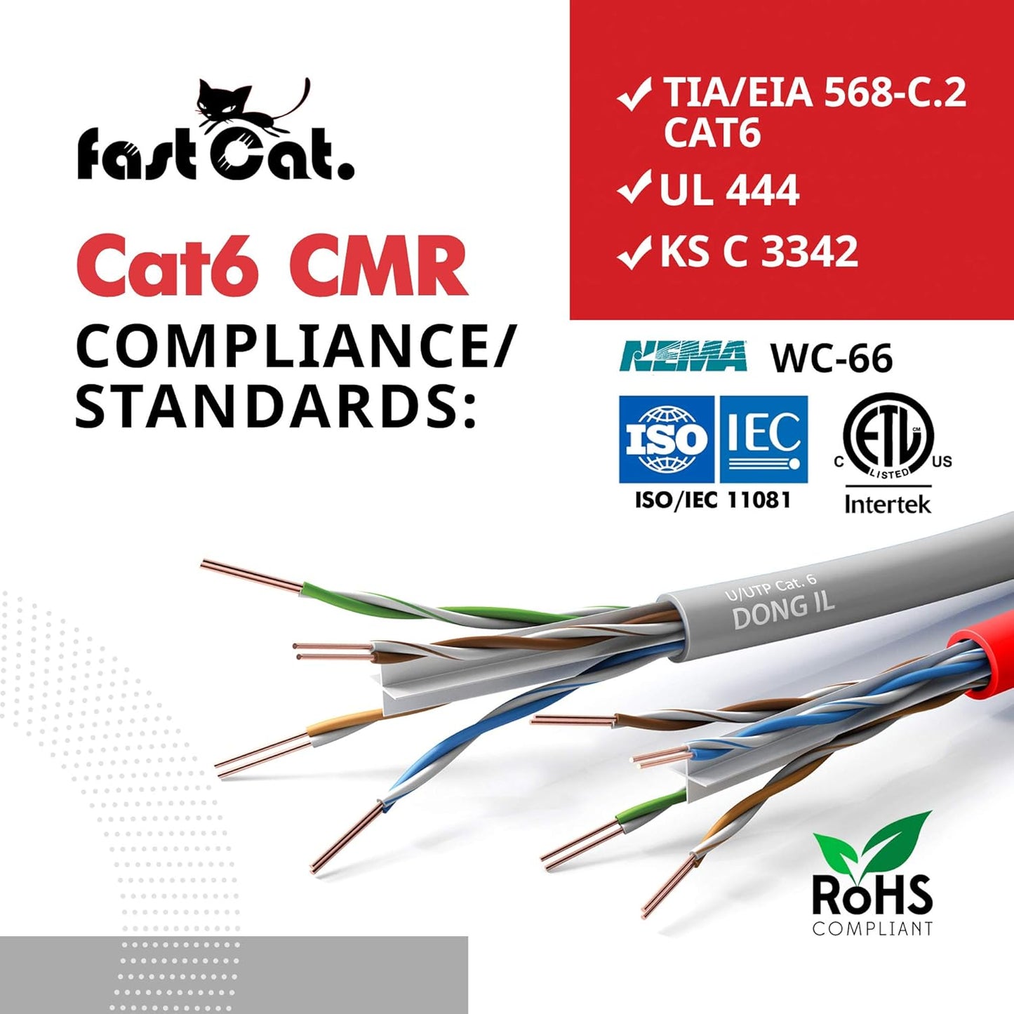 Fast Cat. Cat6 Ethernet Cable 1000ft - 23 AWG, CMR, Insulated Solid Bare Copper Wire Cat 6 Cable PoE++ (4PPoE), ETL Listed, 550MHZ / 10 Gigabit Speed UTP LAN Cat6 Cable 1000ft (White)