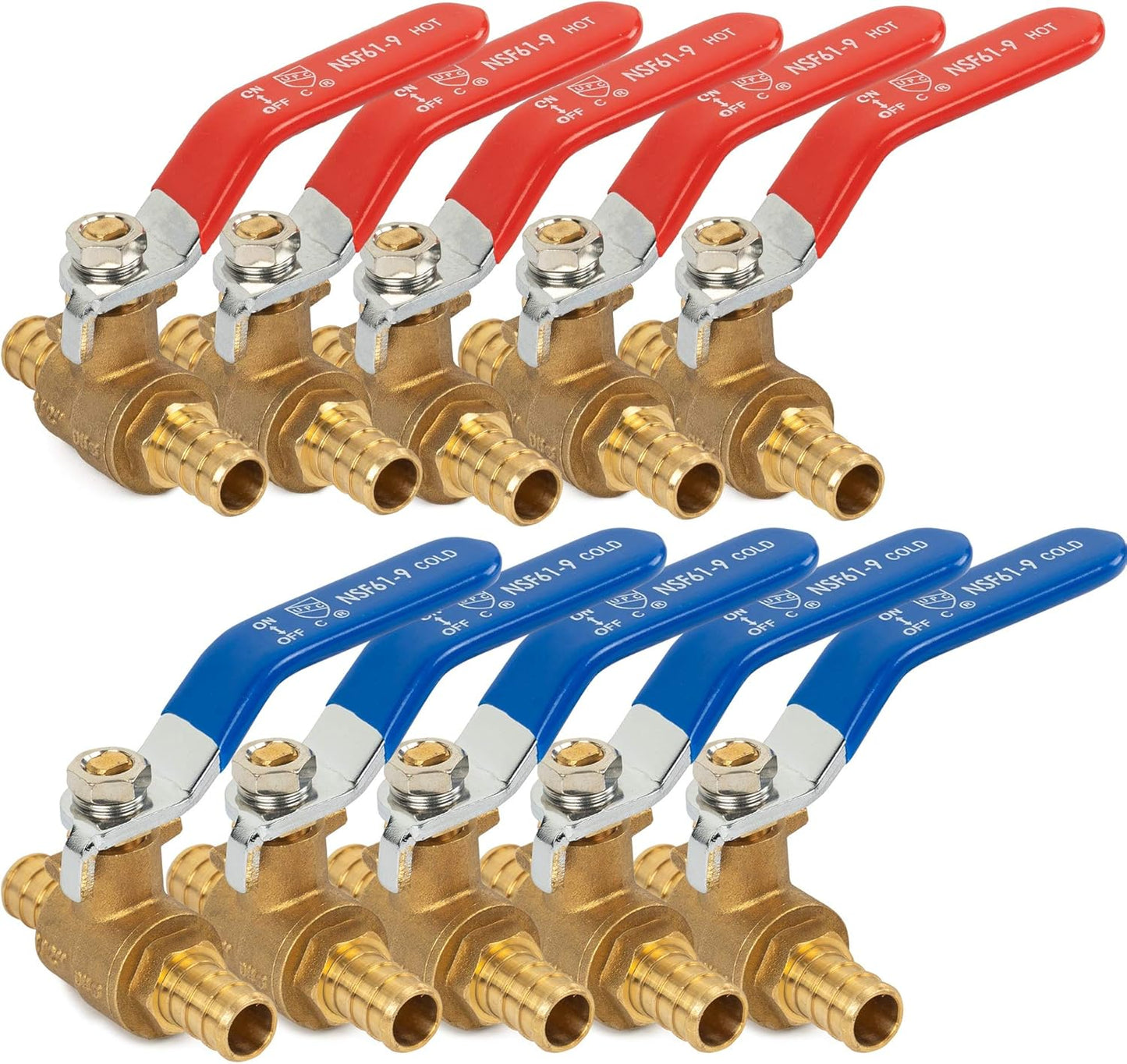 Hourleey 10 Pieces 1/2 Inch Pex Brass Full Port Shut Off Ball Valve HOT AND COLD, Quarter Turn HOT (RED) COLD (BLUE) of Brass Water Stop Shutt off