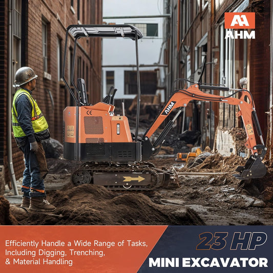 AHM 23hp Mini Excavator with Hydraulic Thumb Grapple Quick Hitch Bucket, 1 Ton Mini Crawler Excavator with Retractable Undercarriage, Trench Digger for Trenching Digging Garden Farm Construction Site
