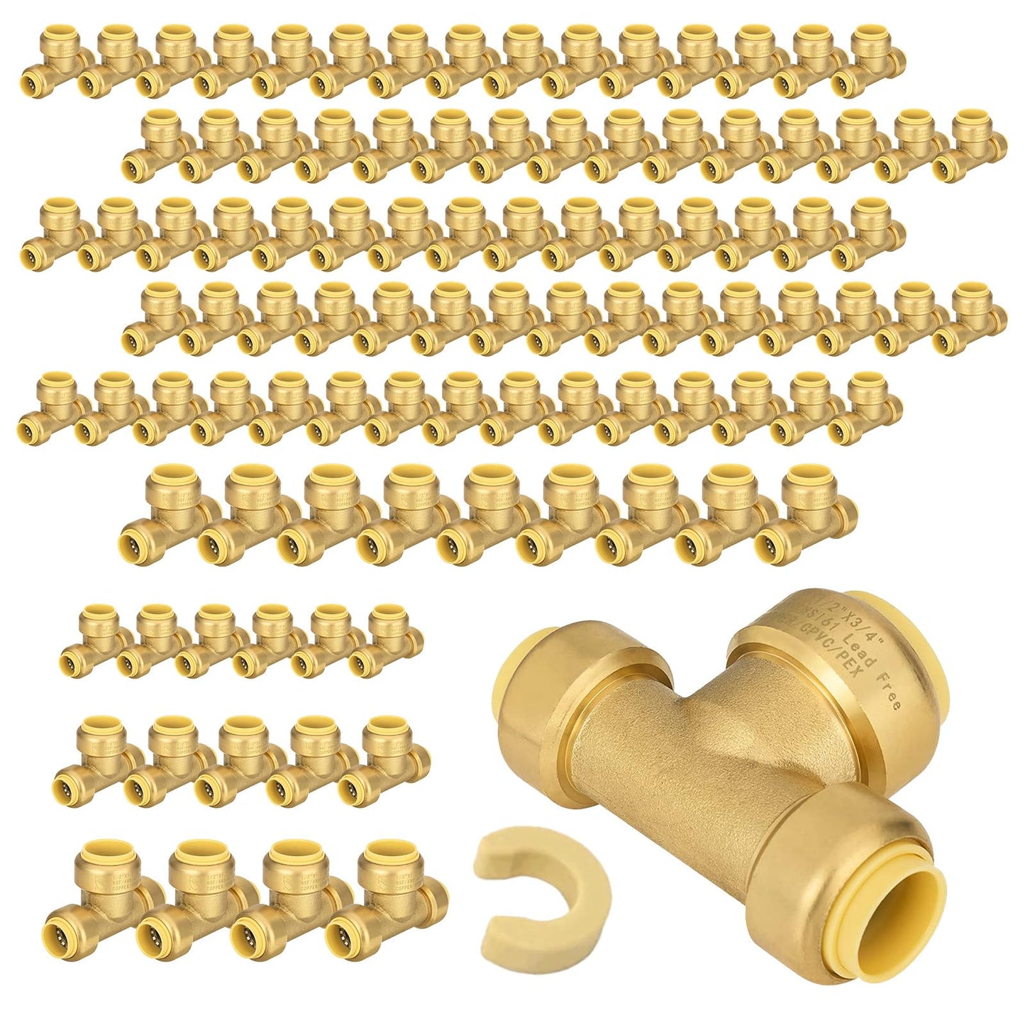 5-Pack Niikappu Pushfit Tee, 3/4"x3/4"x1/2" PEX Brass Push-fit Tee, Push to Connect Plumbing Fittings for PEX, Copper, CPVC, with Disconnect Clip(PF127-5)