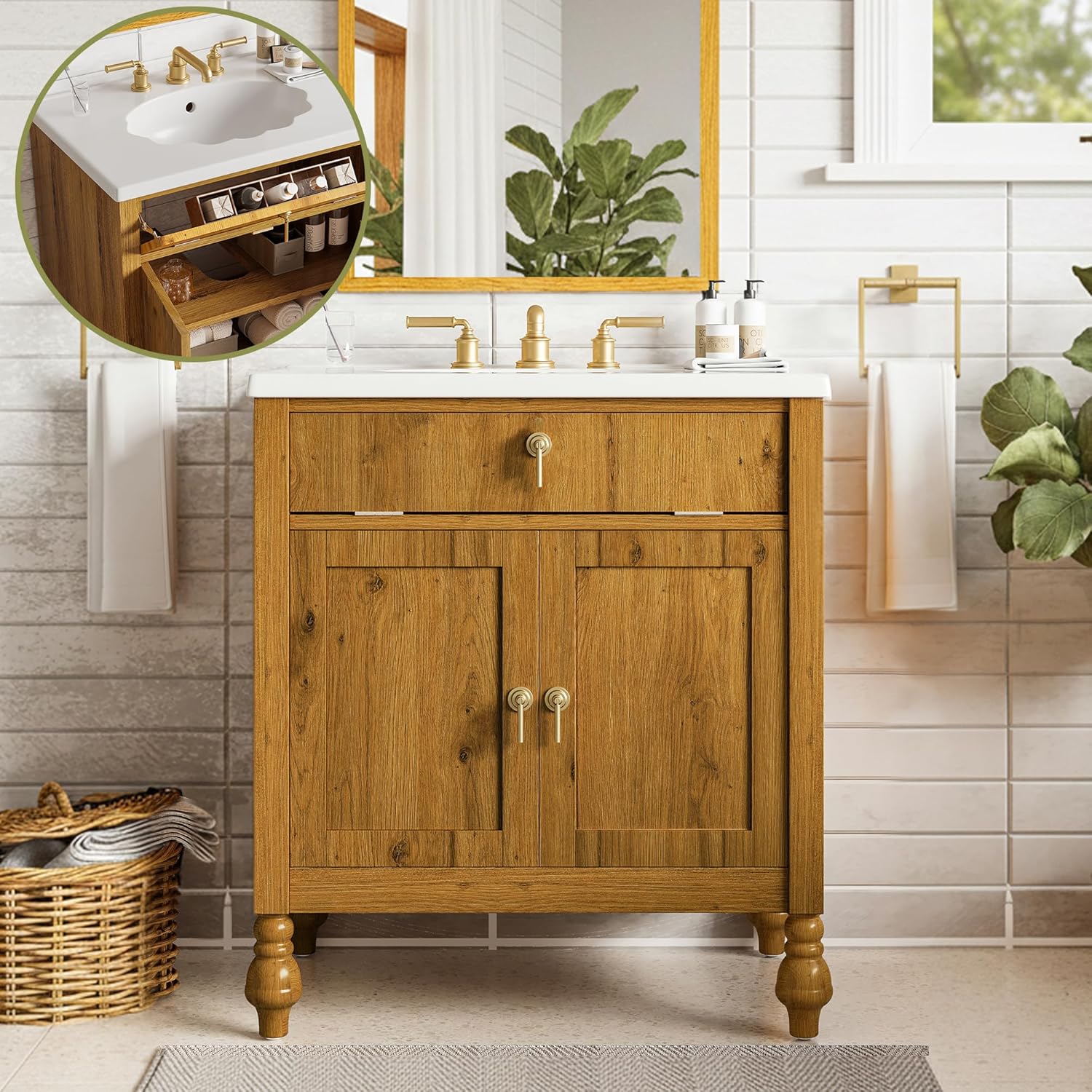 30-Inch Walnut Bathroom Vanity with Shell-Shaped Sink, Flip-Up Storage & Soft-Close Doors, 2 Tier Storage Cabinet, Ample Capacity,Modern Farmhouse Design – Small & Medium Bathrooms