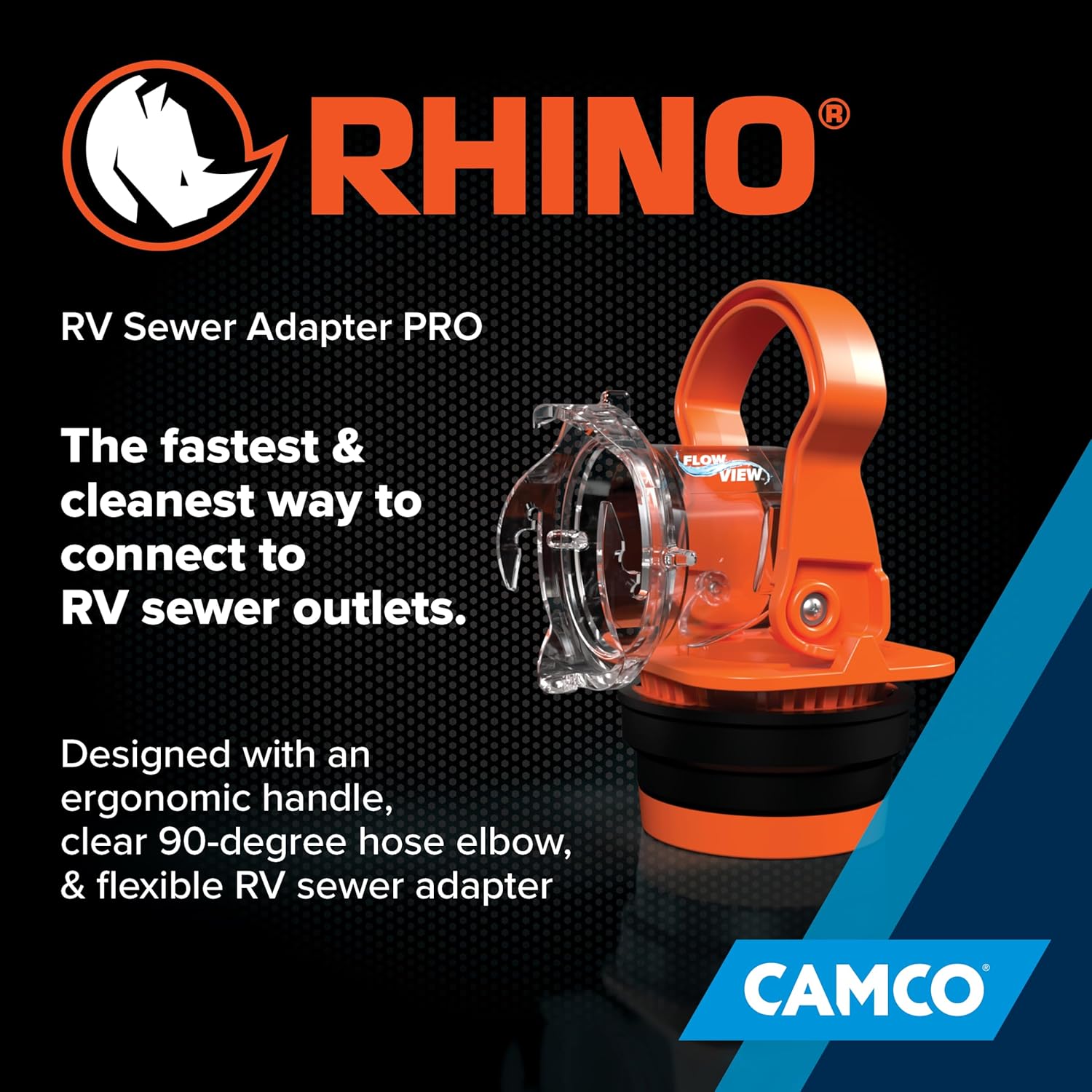Camco Rhino RV Sewer Adapter PRO - Clear Sewer Hose Elbow with Drain Lock Adapter - Includes Ergonomic Handle & Flexible Adapter (39730)