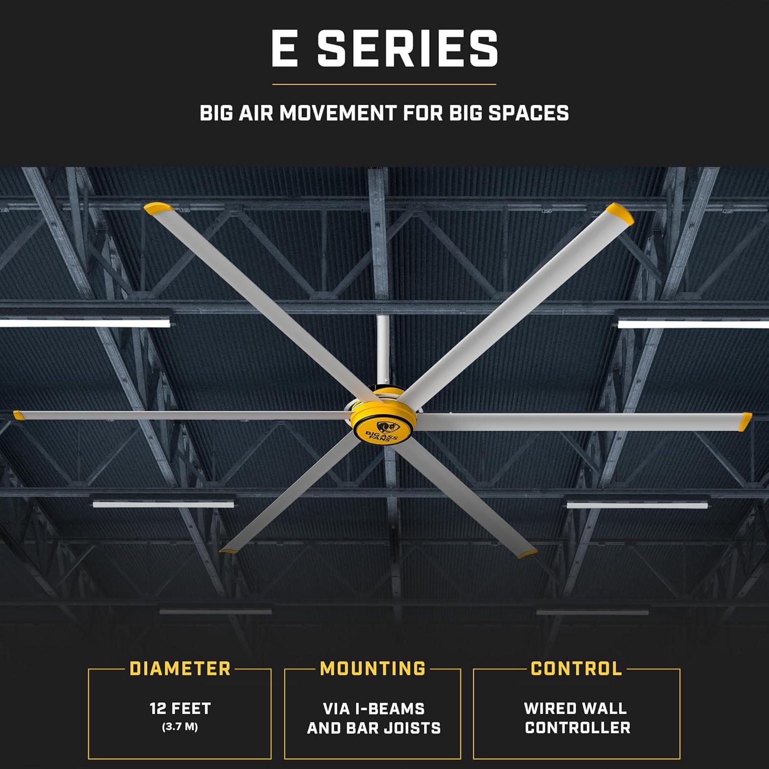 Big Ass Fans E Series 12 ft Industrial 6 Blade Ceiling Fan Gearless Direct Drive Motor, High Volume Low Speed, Wired Wall Remote, 110-125V/1ph - Silver/Yellow
