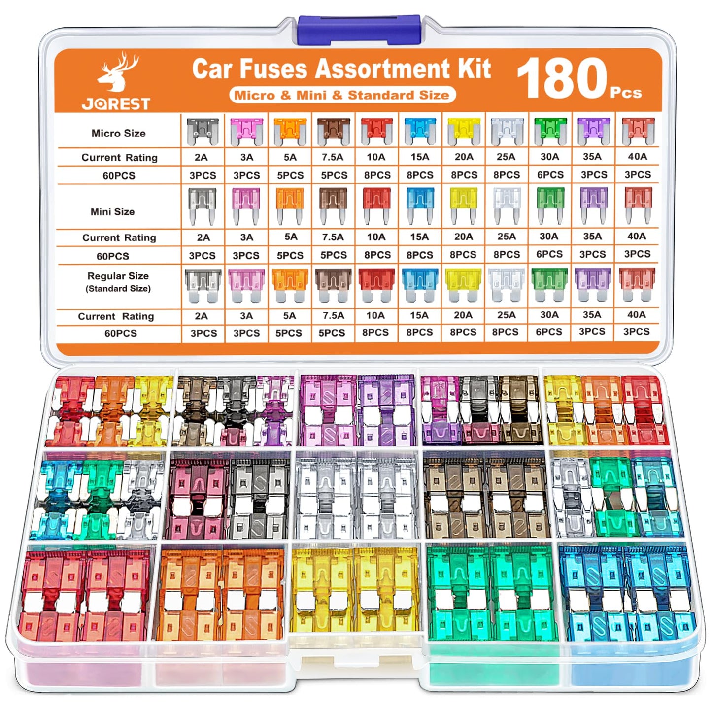JOREST 360Pcs Car Fuse Assortment Kit, 160 Mini Blade Fuses Automotive + 90 Standard Auto Fuses + 50 Micro Fuse + 60 Micro2 – for RV/Truck/Motorcycle(2A 3A 5A 7.5A 10A 15A 20A 25A 30A 35A 40A)