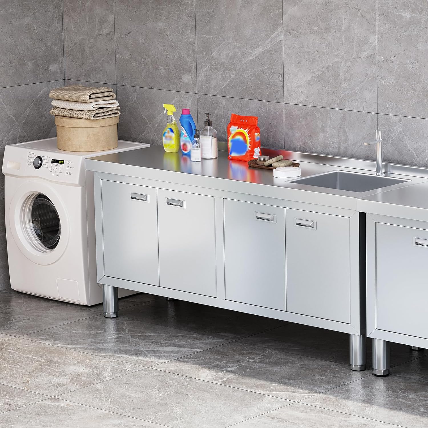 WWK 59" x 21" Stainless Steel Sink with Cabinet, Freestanding Utility Sink Laundry Sink, Heavy Duty Commercial Kitchen Sink for Outdoor, Restaurant, Hotel, Cafe, and Garage, 21D x 59W x 35H inches