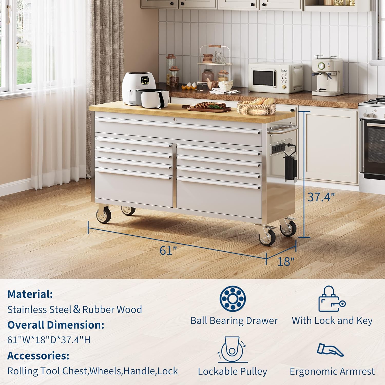 61 in Tool Chest, Tool Box Mobile 9 Drawers Storage Rolling Cabinet with Wheels Lock Key Locking System Drawer Liners for Garage Warehouse Repair Shop