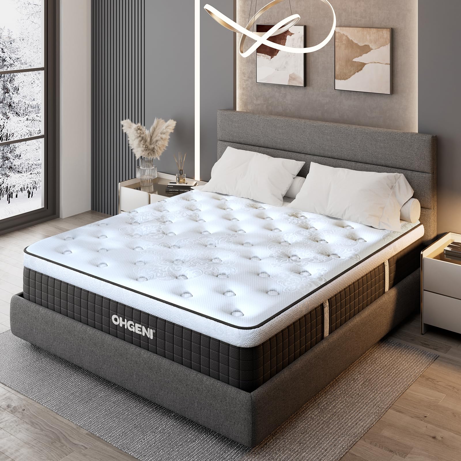 OhGeni 14 Inch Cooling Queen Size Mattress, Hybrid Gel-infused Memory Foam Bed Mattresses in a Box, Medium Feel Cool Top Fabric,Individual Pocket Spring, 3-Zone design & Reinforced Edge Support, Black