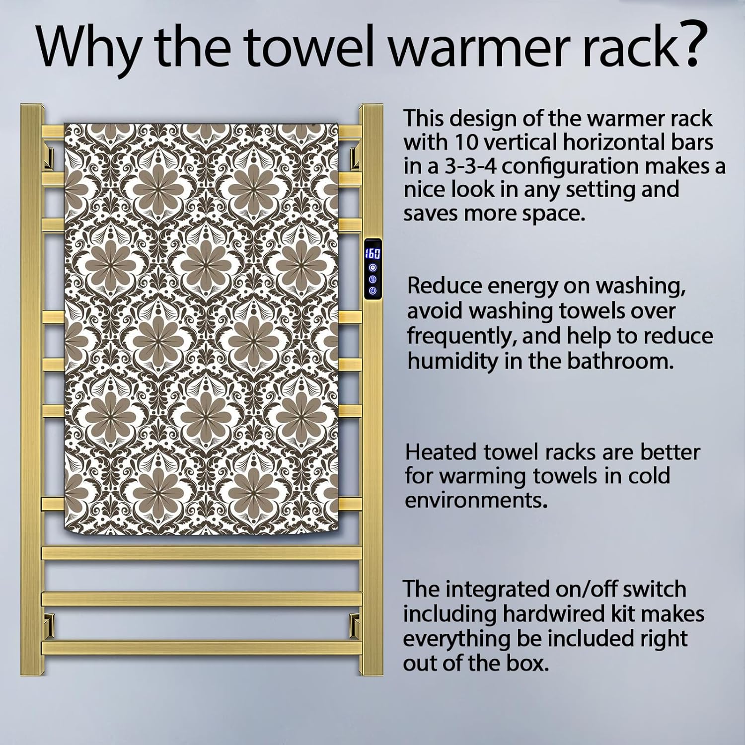 Towel Warmer Rack for Bathroom with Timer/Fahrenheit Temperature Control Wall Mounted Electric Heated 10 Bar Rail Plug-in or Hardwired Keep Bath Shower Towel Warming (Brushed Gold)