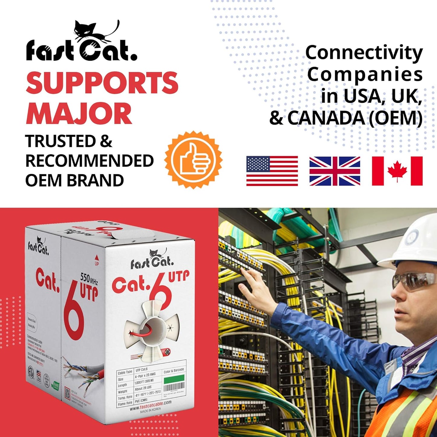 Fast Cat. Cat6 Ethernet Cable 1000ft - 23 AWG, CMR, Insulated Solid Bare Copper Wire Cat 6 Cable PoE++ (4PPoE), ETL Listed, 550MHZ / 10 Gigabit Speed UTP LAN Cat6 Cable 1000ft (White)