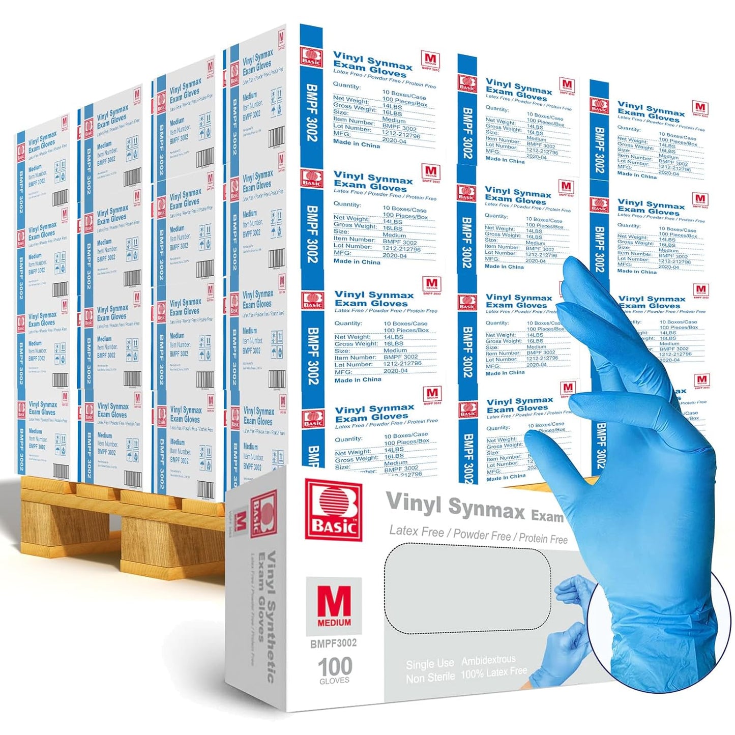 Intco Basic Medical Synmax Vinyl Exam Gloves - Latex-Free & Powder-Free - Medium, BMPF-3002(Pallet of 48,000)