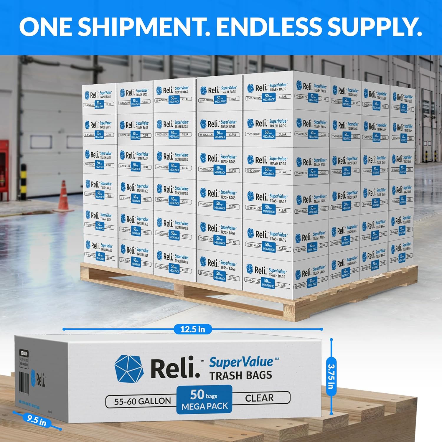 Reli. 55-60 Gallon Trash Bags | Heavy Duty | 8,000 Total | 50 Bags/Case, 160 Cases/Pallet | Made in USA | Clear