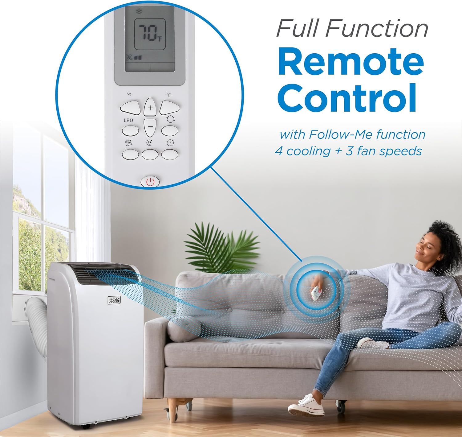 BLACK+DECKER Smart Portable Air Conditioner with Heat, 12,000 BTU (8,000 BTU SACC) Cooling, 9,000 BTU Heating for Rooms up to 550 Sq. Ft., Follow Me Remote, BPACT12HWT, White