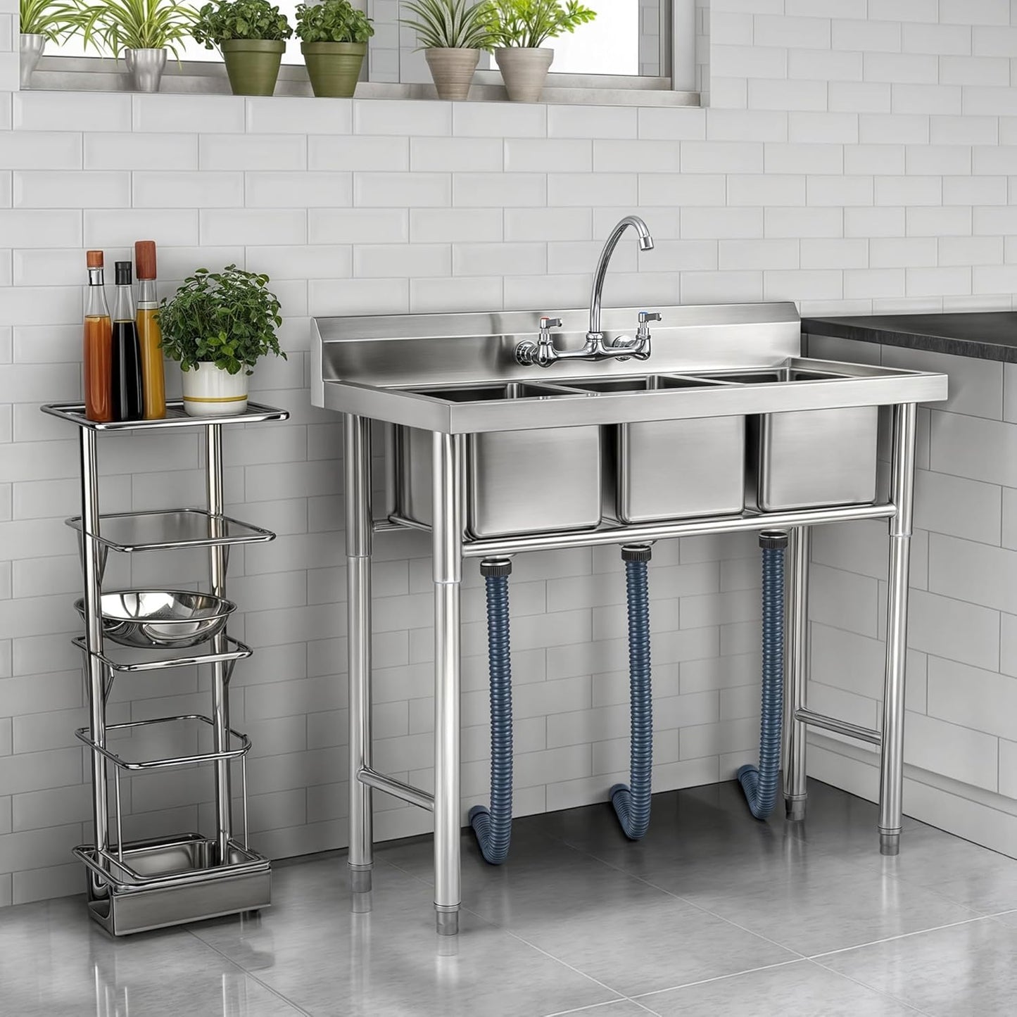 WILPREP Stainless Steel 3 Compartment Commercial Sink with s, Kitche Station with 11x10 Inch Basins, Utility Sink for Restaurant Bar Home Laundry Room Garage