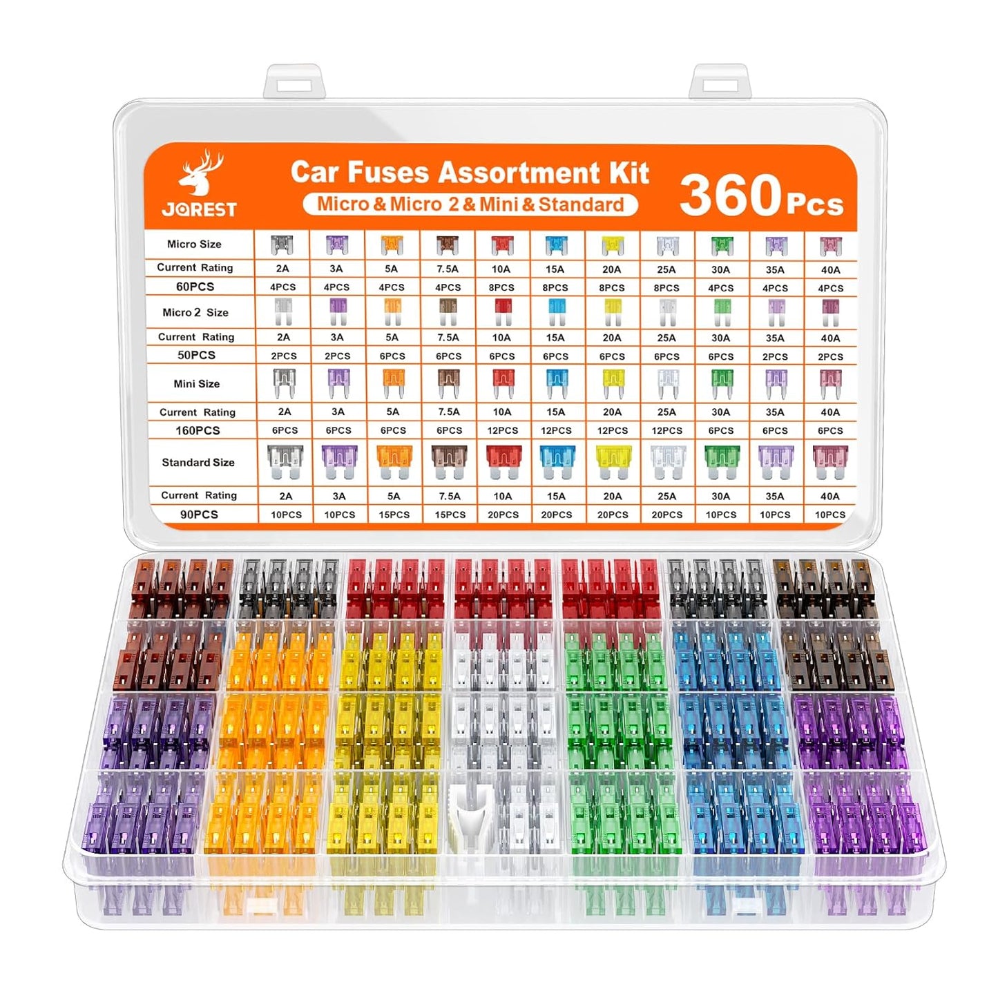 JOREST 360Pcs Car Fuse Assortment Kit, 160 Mini Blade Fuses Automotive + 90 Standard Auto Fuses + 50 Micro Fuse + 60 Micro2 – for RV/Truck/Motorcycle(2A 3A 5A 7.5A 10A 15A 20A 25A 30A 35A 40A)