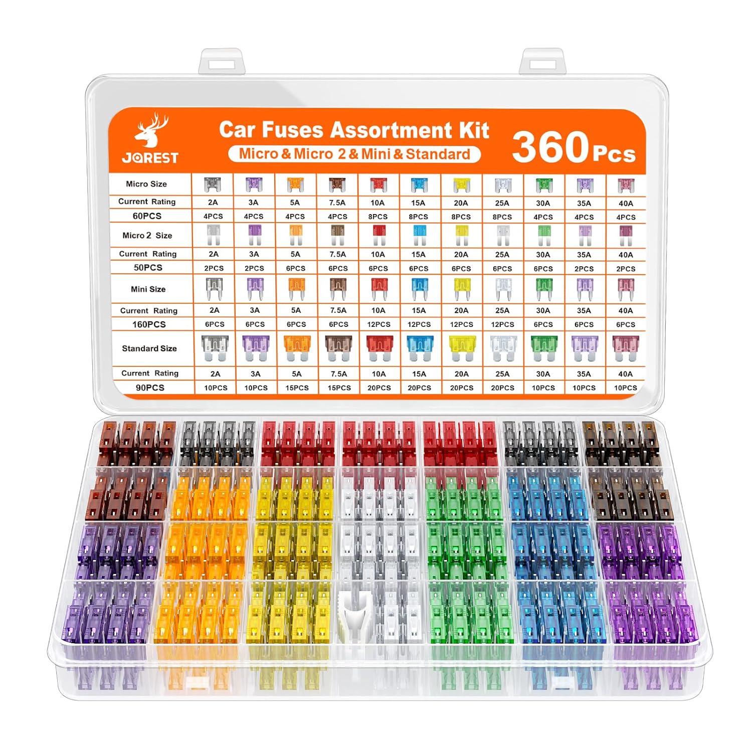 JOREST 360Pcs Car Fuse Assortment Kit, 160 Mini Blade Fuses Automotive + 90 Standard Auto Fuses + 50 Micro Fuse + 60 Micro2 – for RV/Truck/Motorcycle(2A 3A 5A 7.5A 10A 15A 20A 25A 30A 35A 40A)