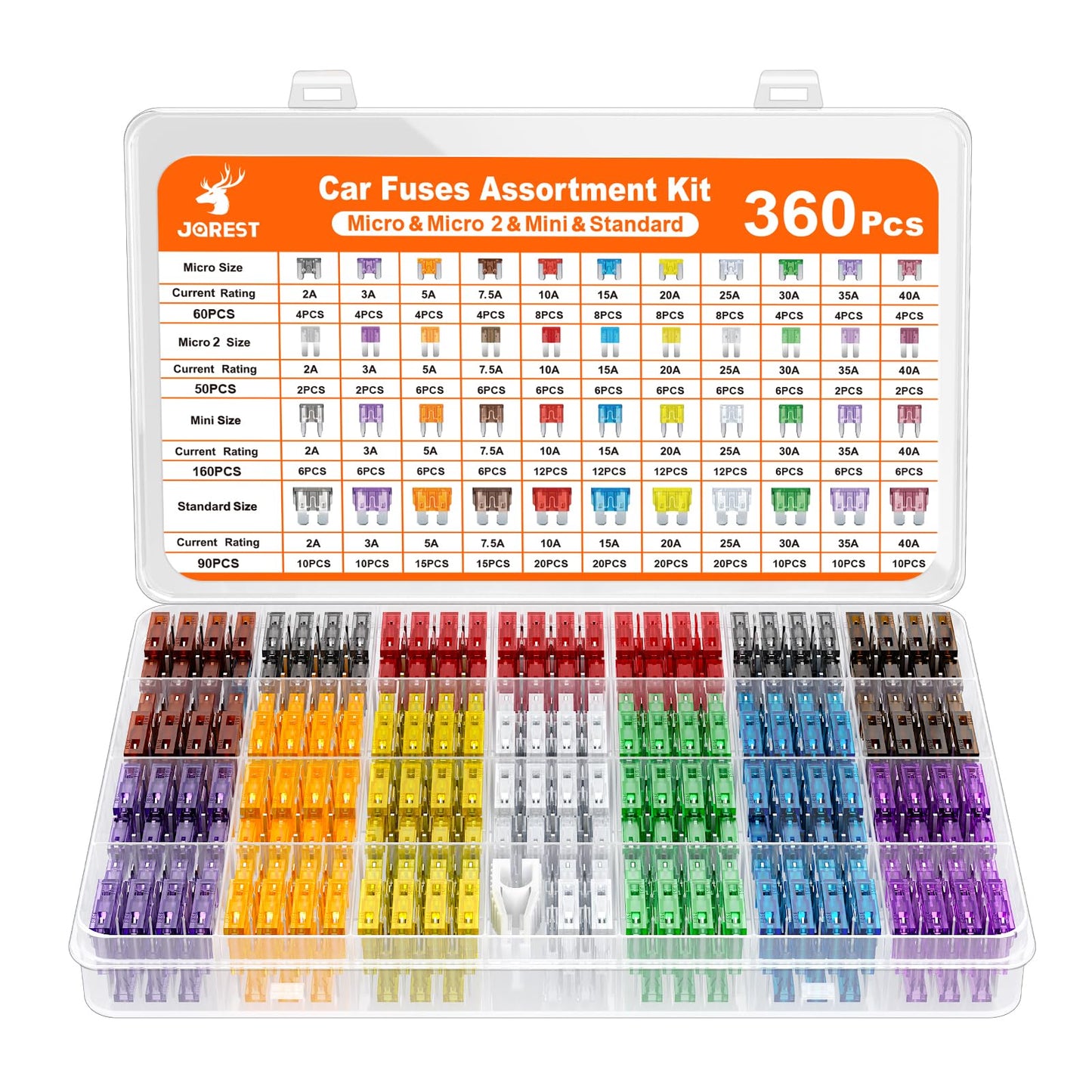 JOREST 360Pcs Car Fuse Assortment Kit, 160 Mini Blade Fuses Automotive + 90 Standard Auto Fuses + 50 Micro Fuse + 60 Micro2 – for RV/Truck/Motorcycle(2A 3A 5A 7.5A 10A 15A 20A 25A 30A 35A 40A)