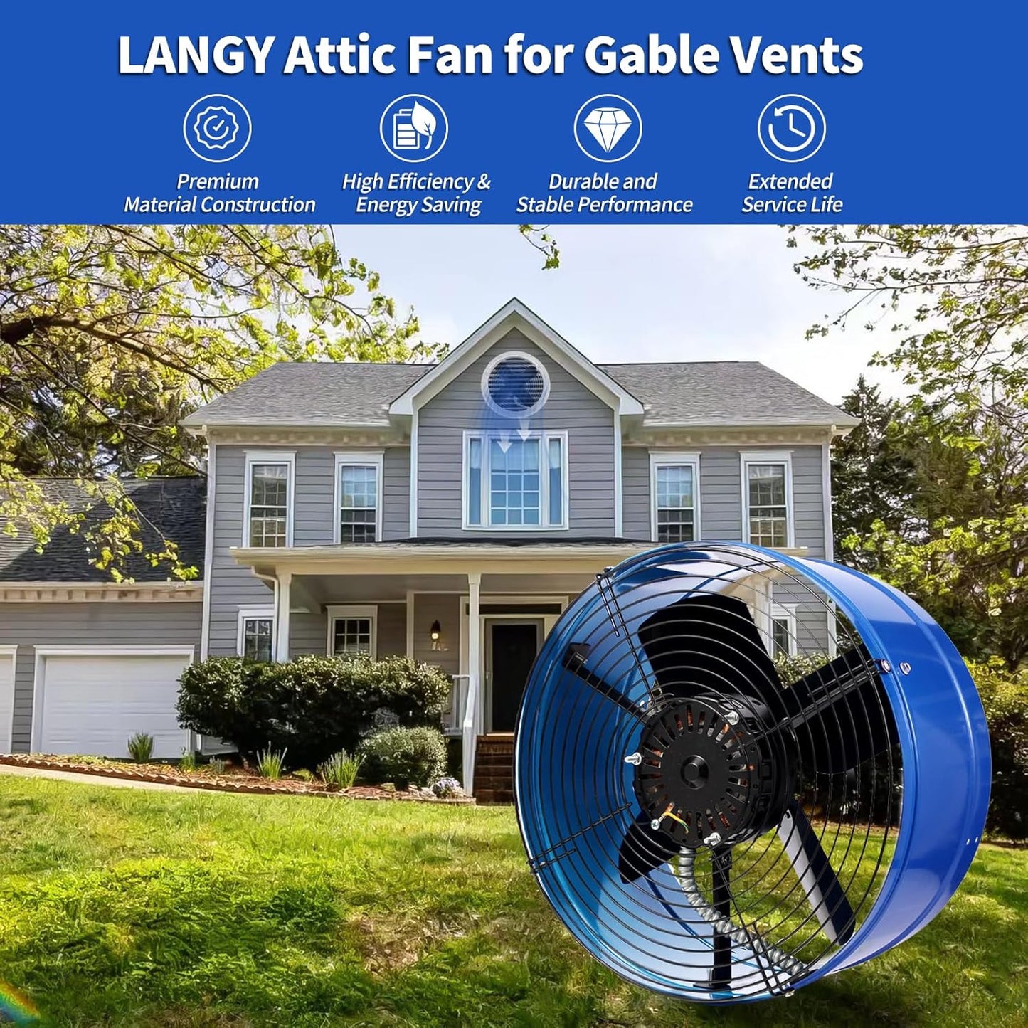 15" Gable Attic Fan with Thermostat, LANGY Ventilation Exhaust Fan 1300 CFM, 1100 RPM | 1850 sq. ft, Mount Attic Ventilator with 20FT Cord & Plug for Gable, Shed, Home