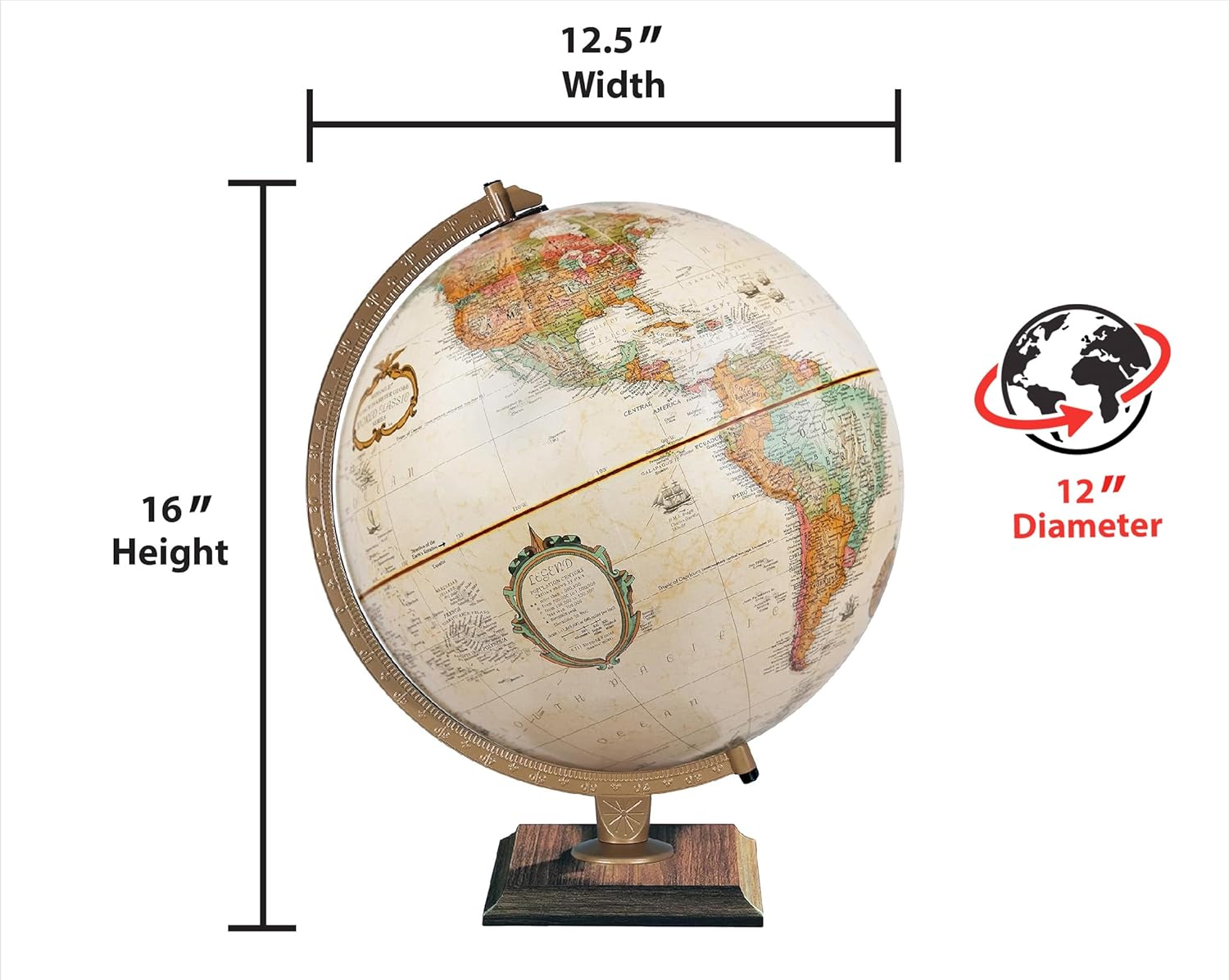 Replogle World Classic Globe, 12" Desktop World Globe For Home or Office Desk Decor, Raised Relief, Up-to-date Cartography, Made in the USA, Antique